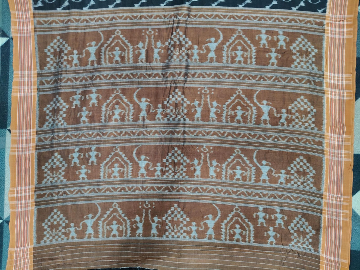 Black Brown Flower Design Khandua Cotton Saree