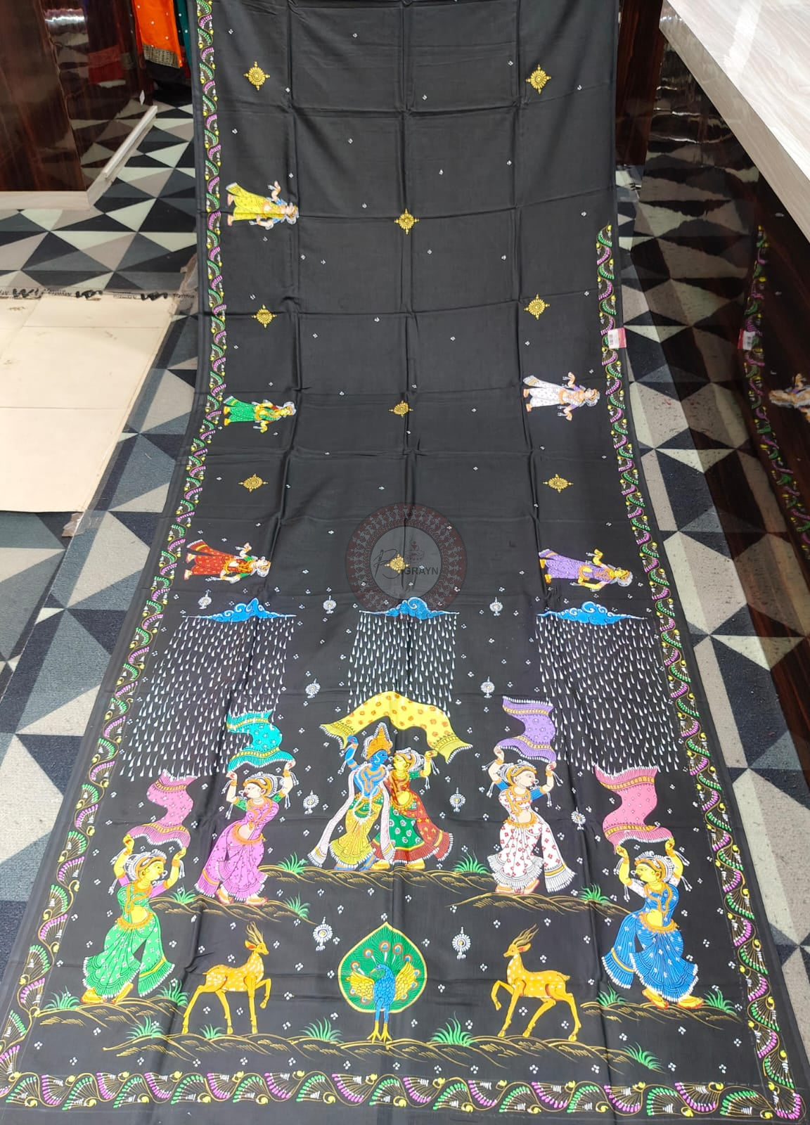 Black Radha Krishna Barsha Rasa Theme Pattachitra Khadi Silk Saree