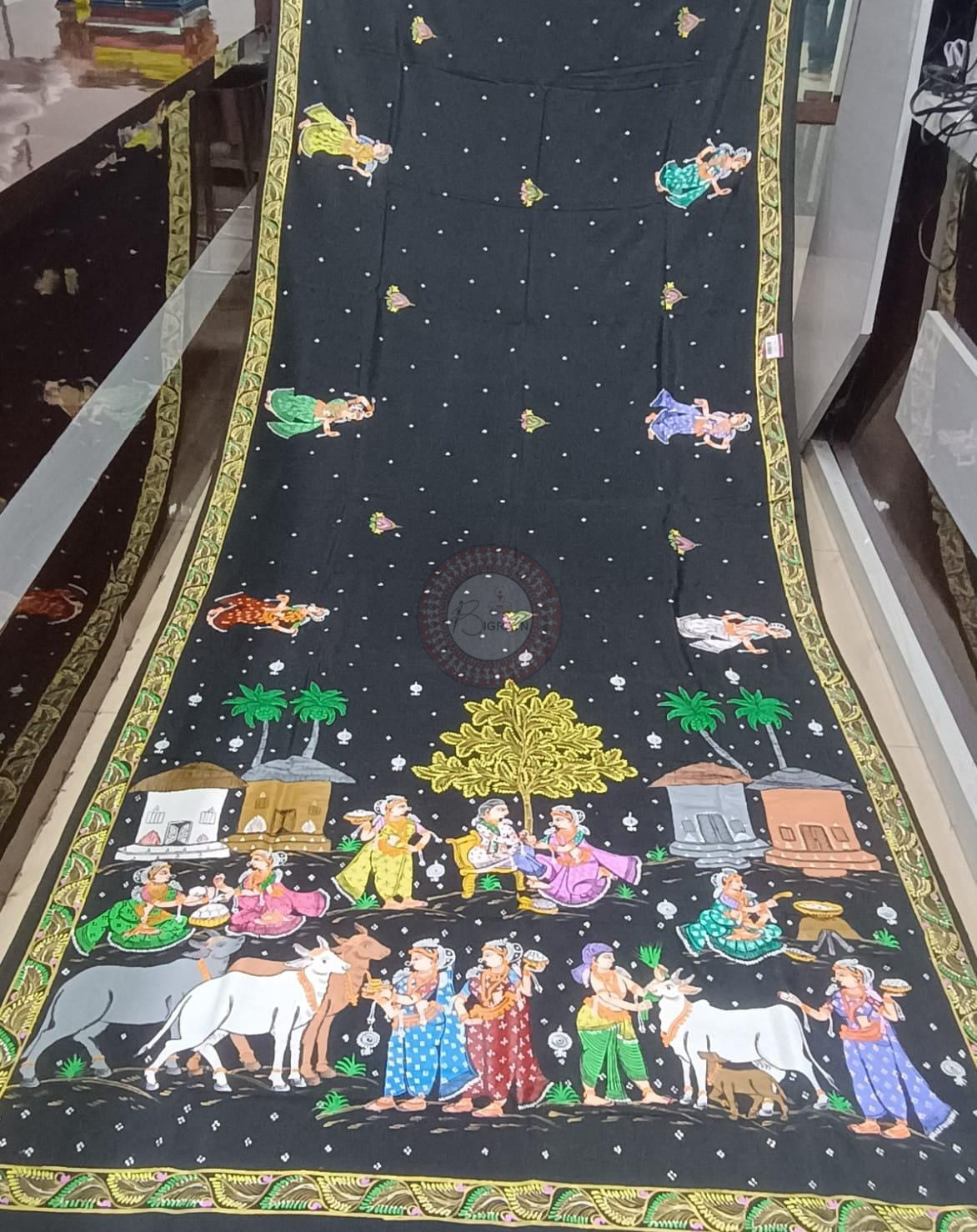 Black Rakshya Bandhan Theme Pattachitra Khadi Silk Saree