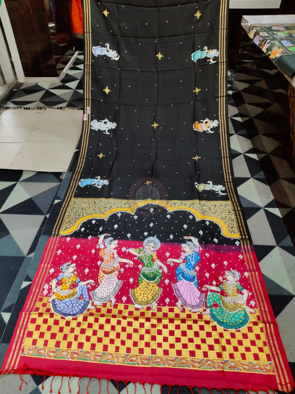 Black Rani Pink Odissi Dancer Theme Pattachitra Kanjeeveram Silk Saree
