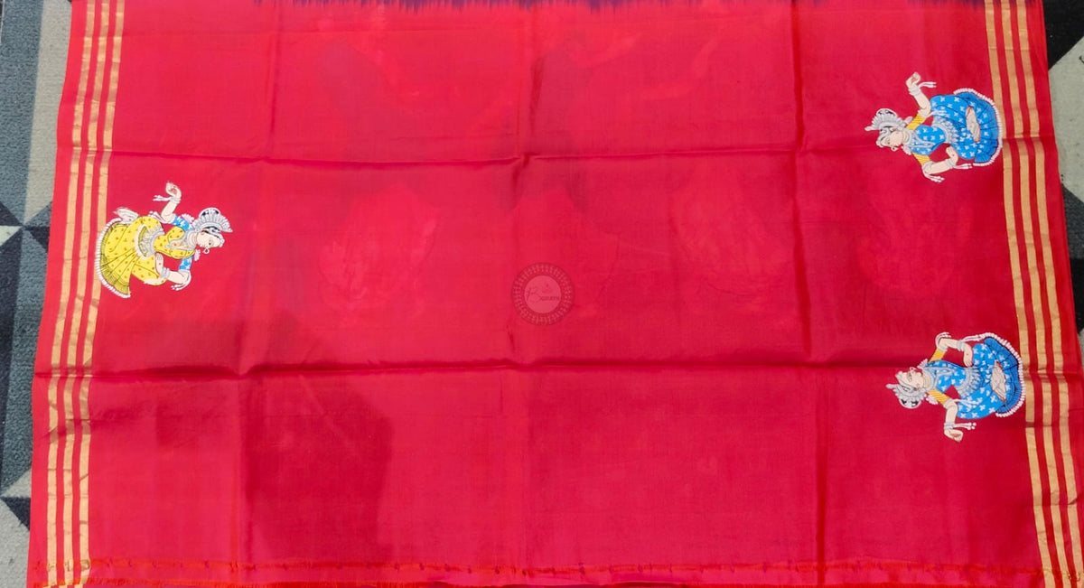 Black Rani Pink Odissi Dancer Theme Pattachitra Kanjeeveram Silk Saree