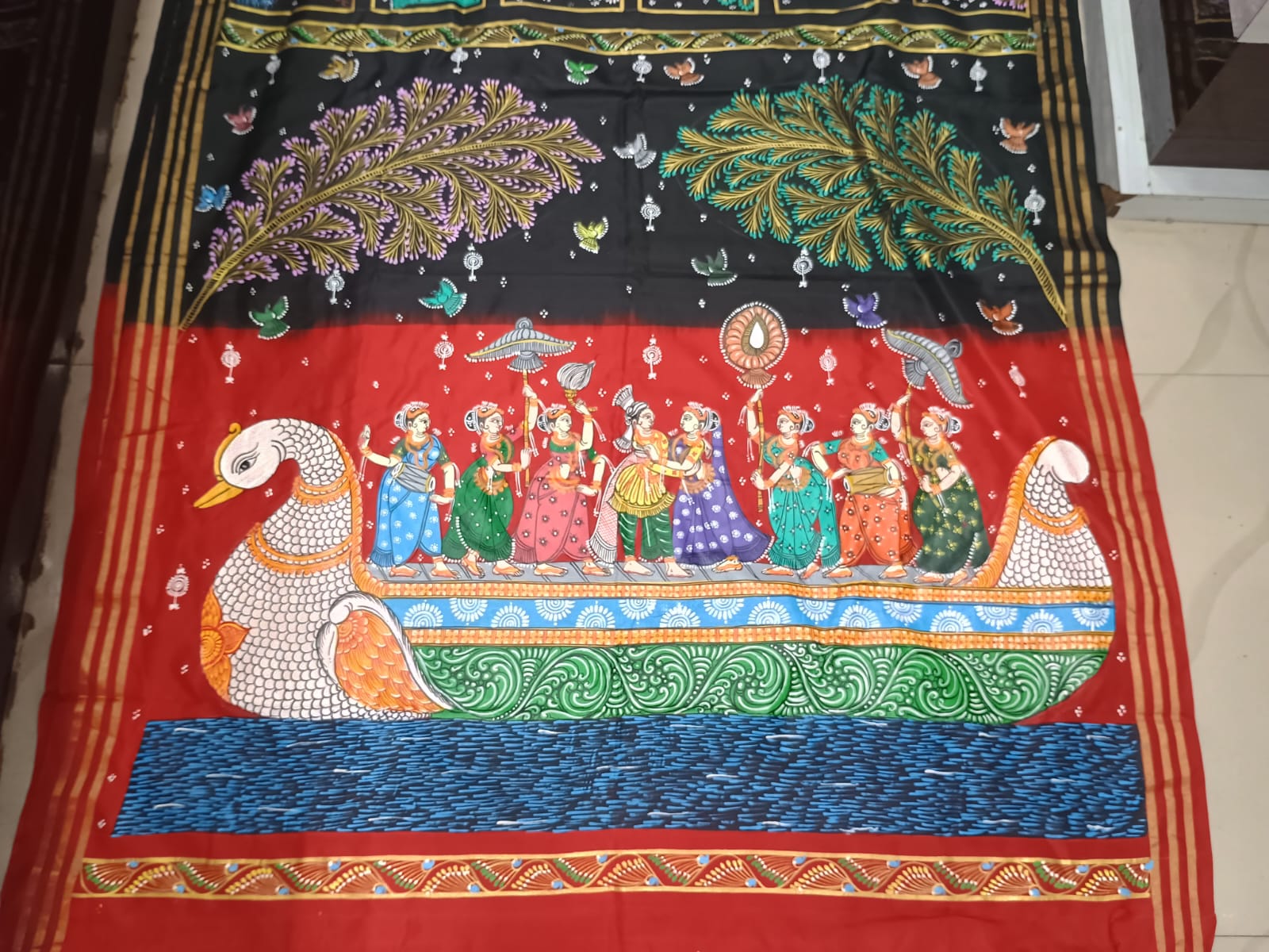 Black Red Small Box Boita Theme Pattachitra Kanjeeveram Silk Saree