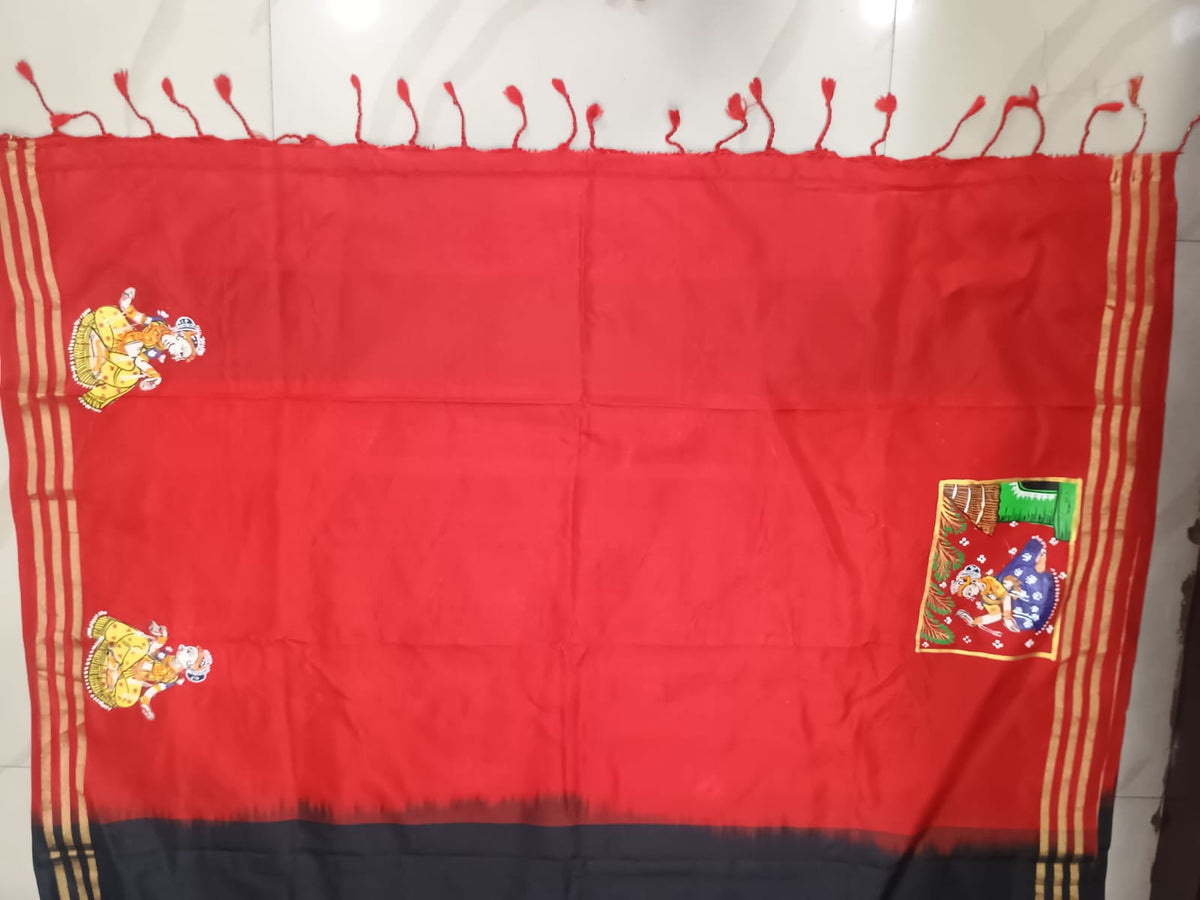 Black Red Small Box Boita Theme Pattachitra Kanjeeveram Silk Saree