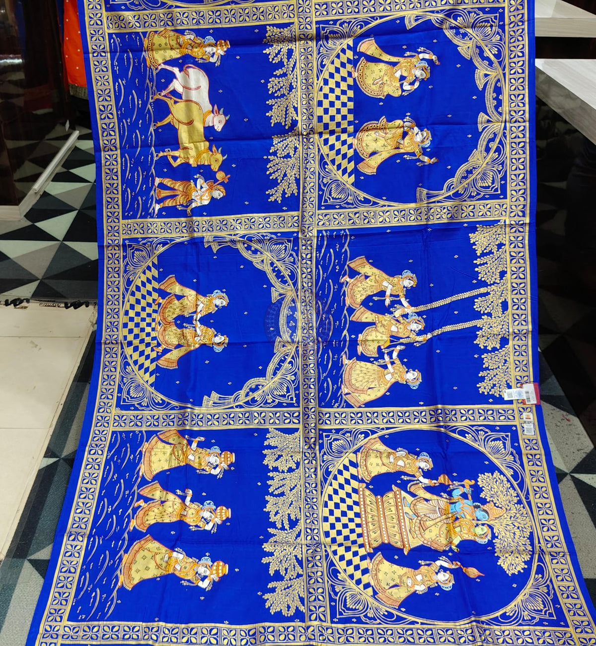 Blue Golden Big Box Radha Krishna Rasa Theme Pattachitra Kanjeeveram Silk Saree