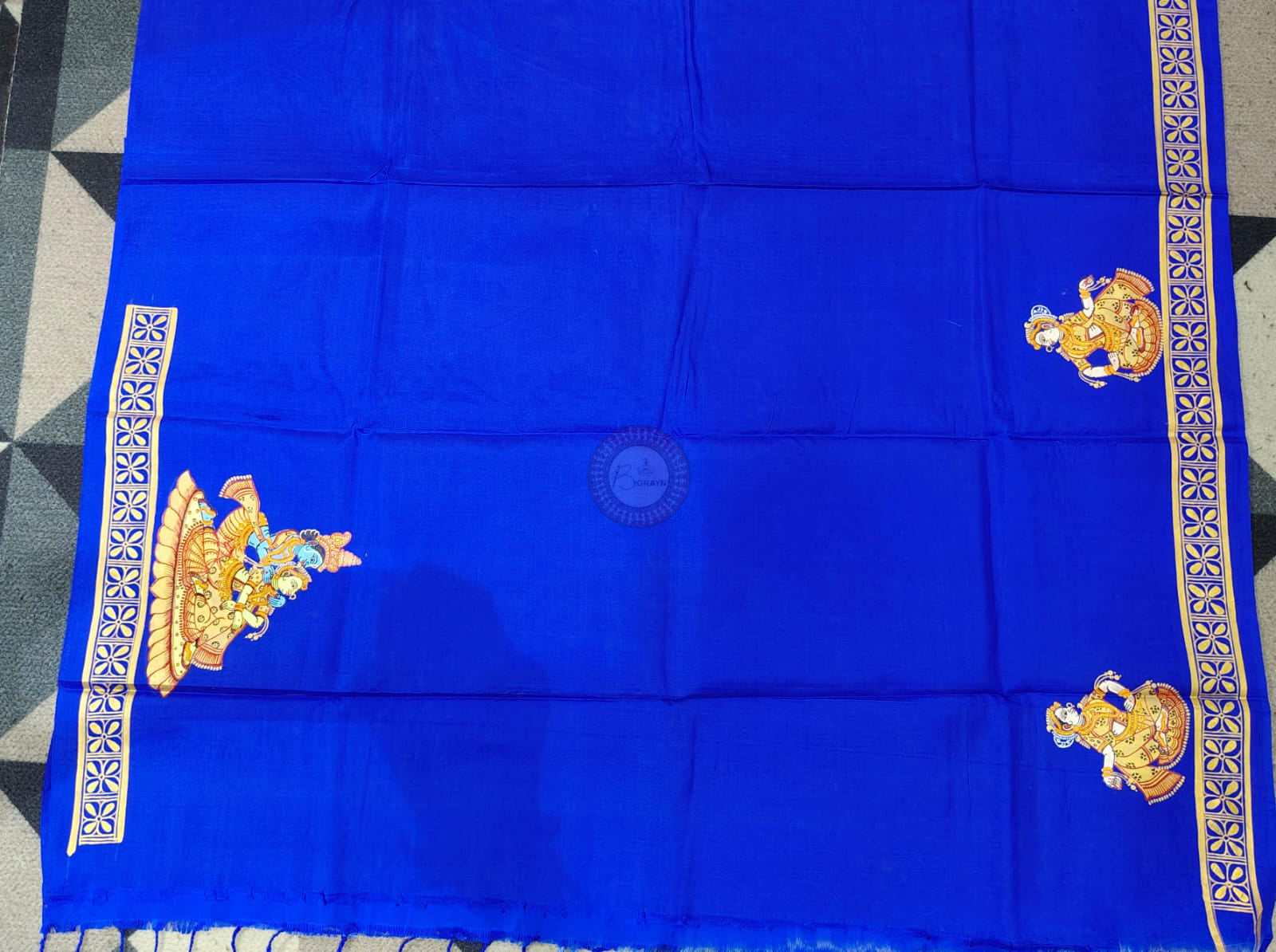 Blue Golden Big Box Radha Krishna Rasa Theme Pattachitra Kanjeeveram Silk Saree