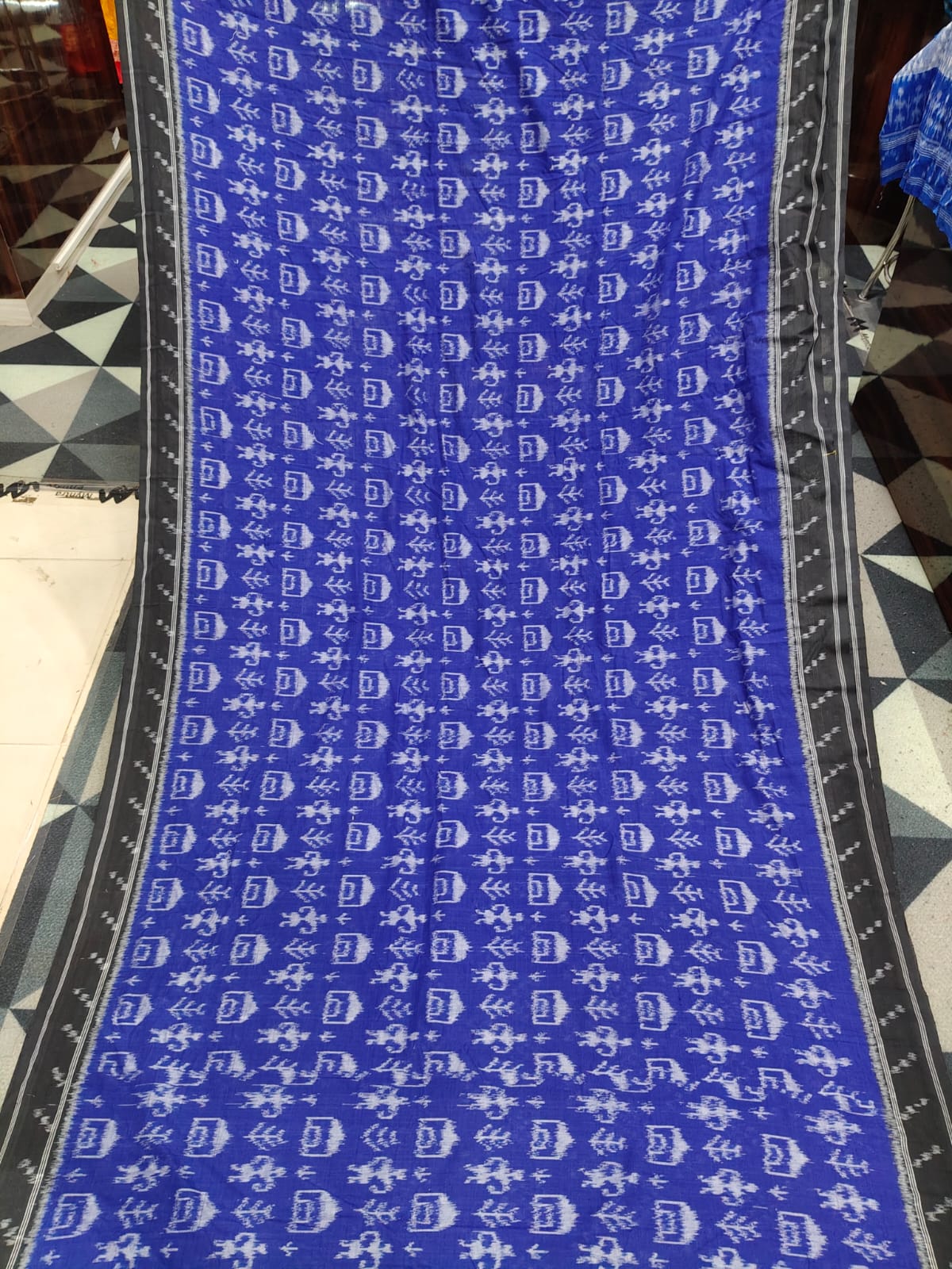 Blue Black Tribal & House Design Khandua Cotton Saree