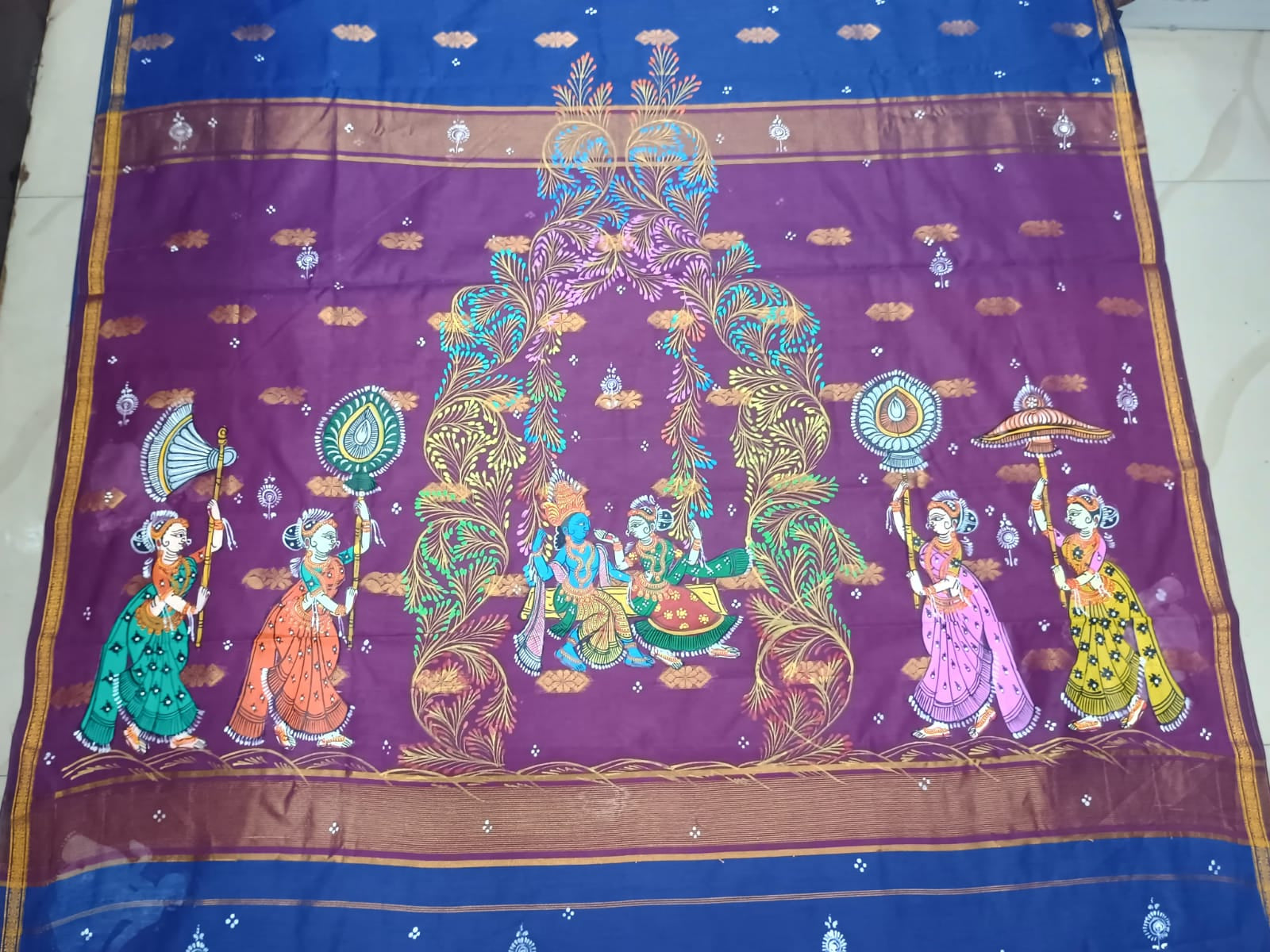 Blue & Purple Hand-Painted Pattachitra Saree – South Cotton Radha Krishna Raja Doli Rasa Theme