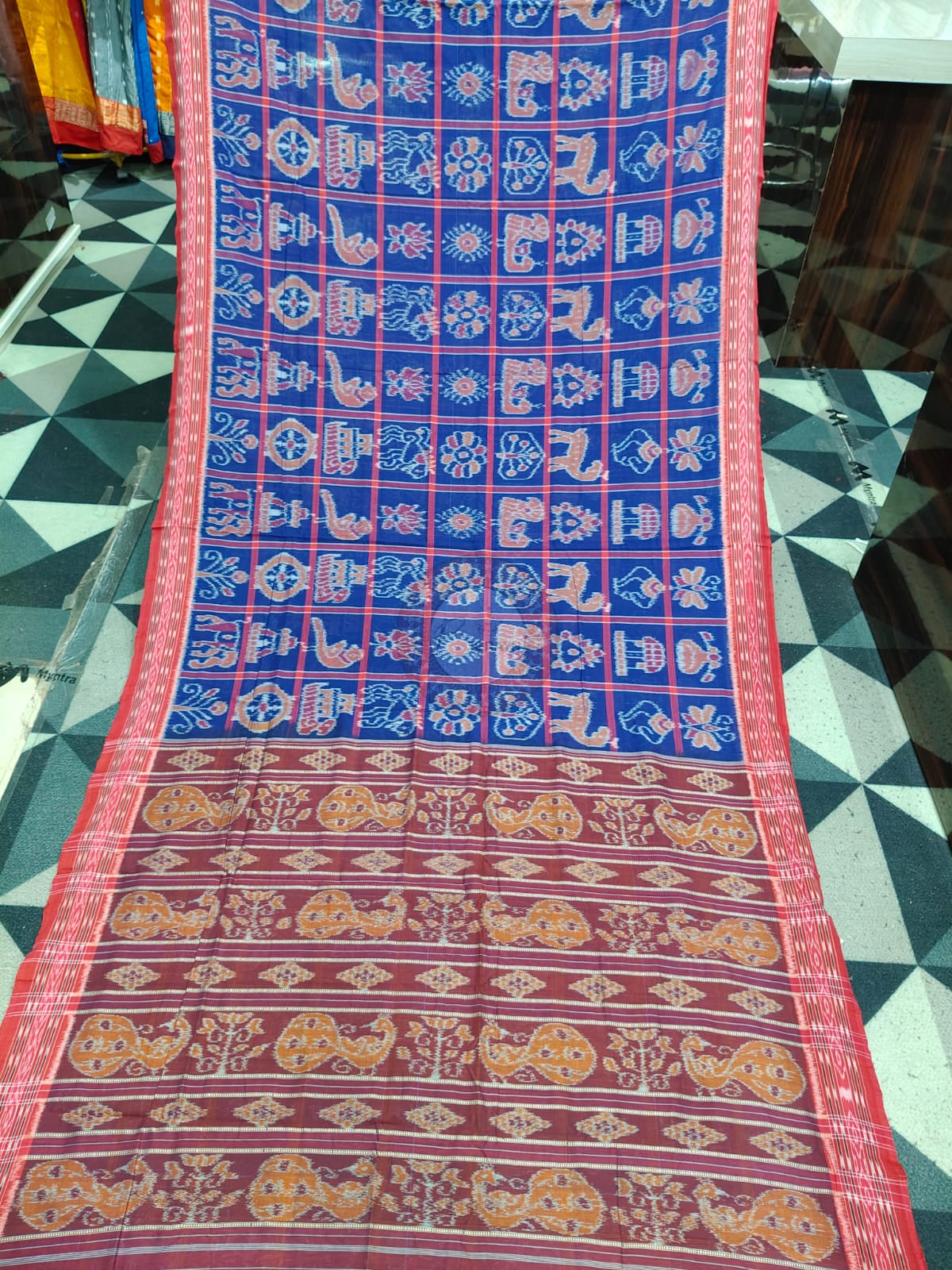 Blue Red Nabakothi Design Khandua Cotton Saree