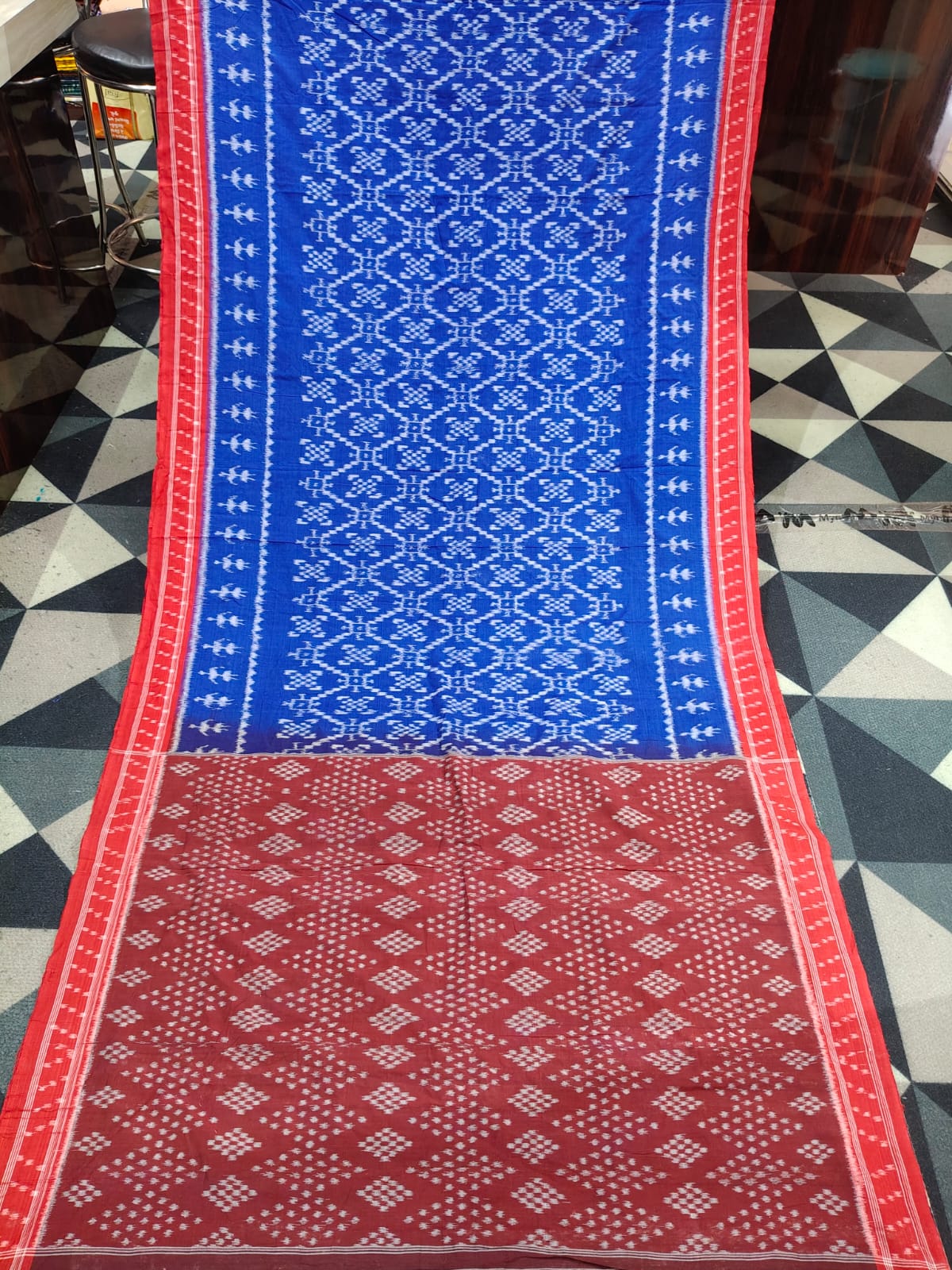 Blue Red Pasapali & Scot Tribal Design Khandua Cotton Saree