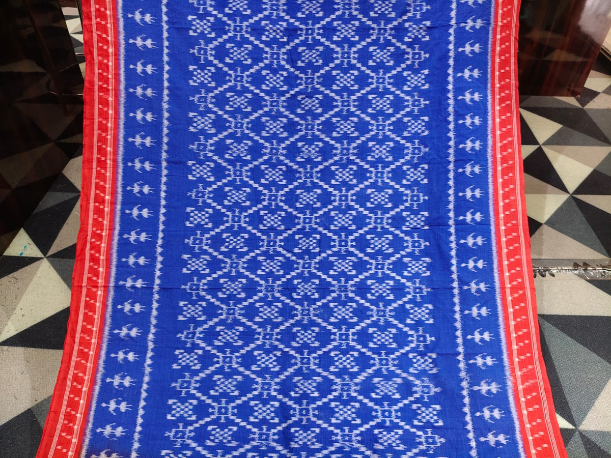 Blue Red Pasapali & Scot Tribal Design Khandua Cotton Saree