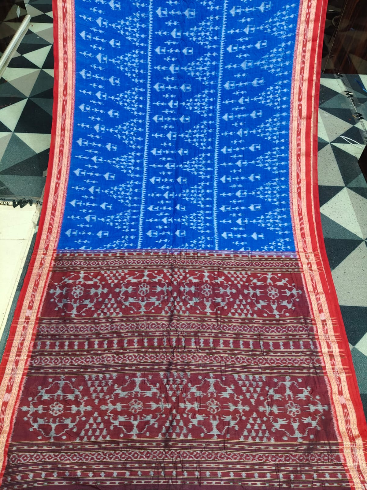 Blue Red Tribal Design Khandua Cotton Saree