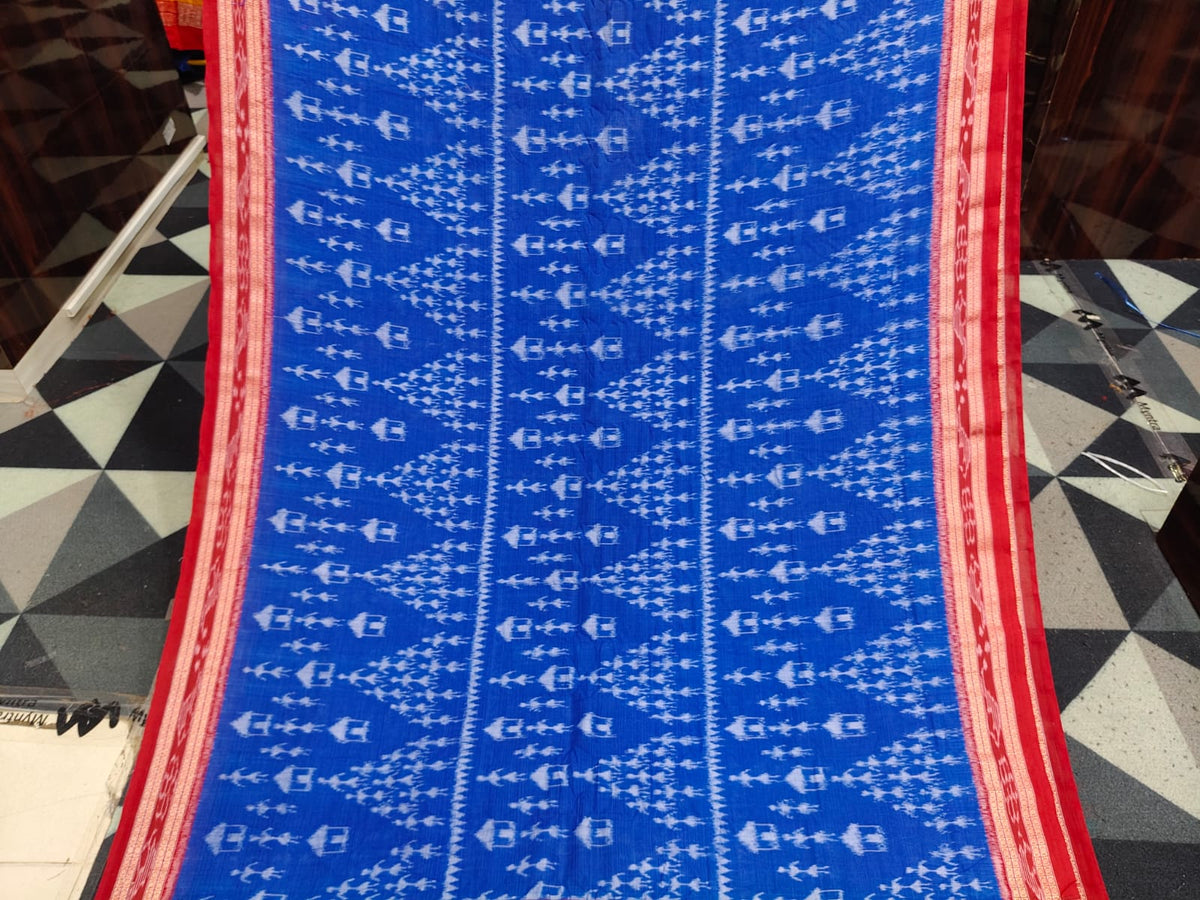 Blue Red Tribal Design Khandua Cotton Saree