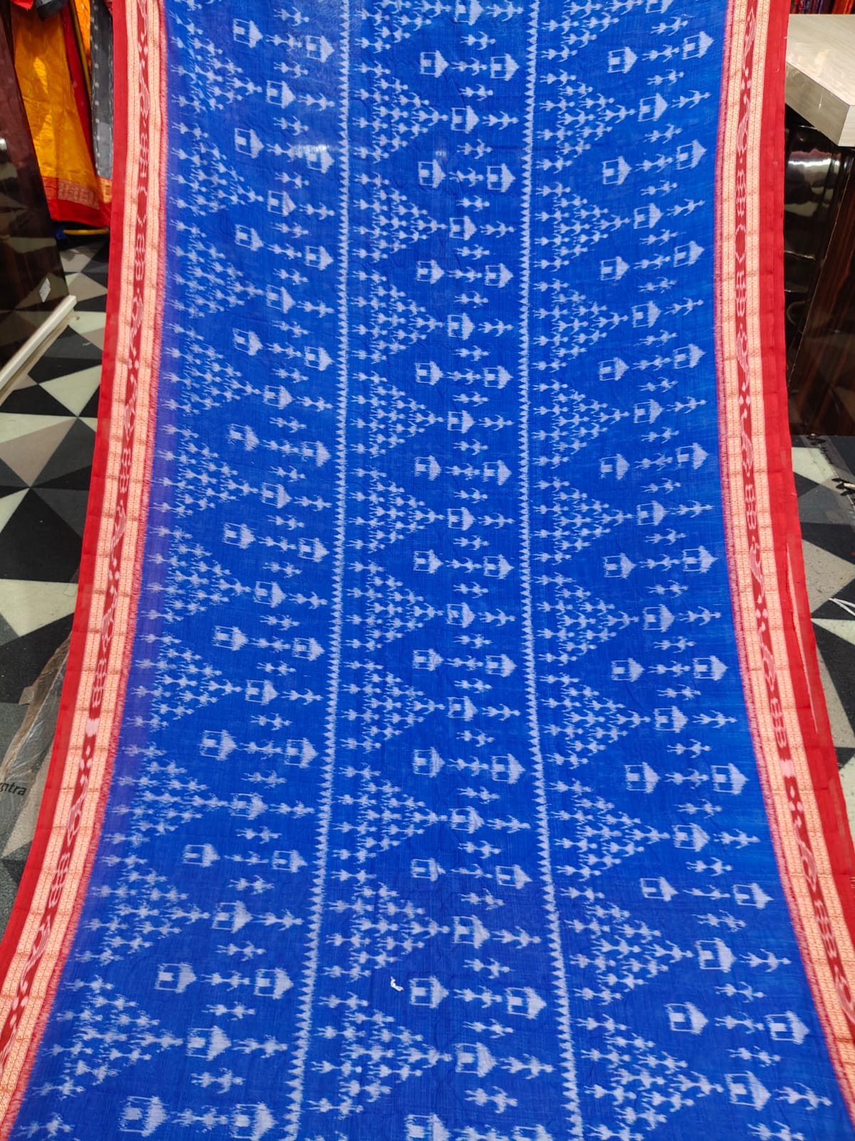 Blue Red Tribal Design Khandua Cotton Saree