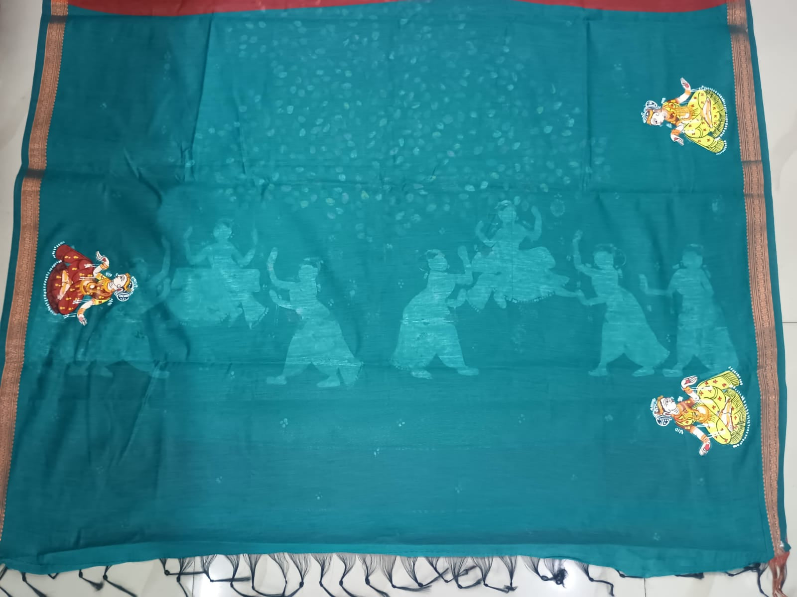 Brick Red & Rama Green Hand-Painted Pattachitra Saree – South Cotton Raja Doli Theme