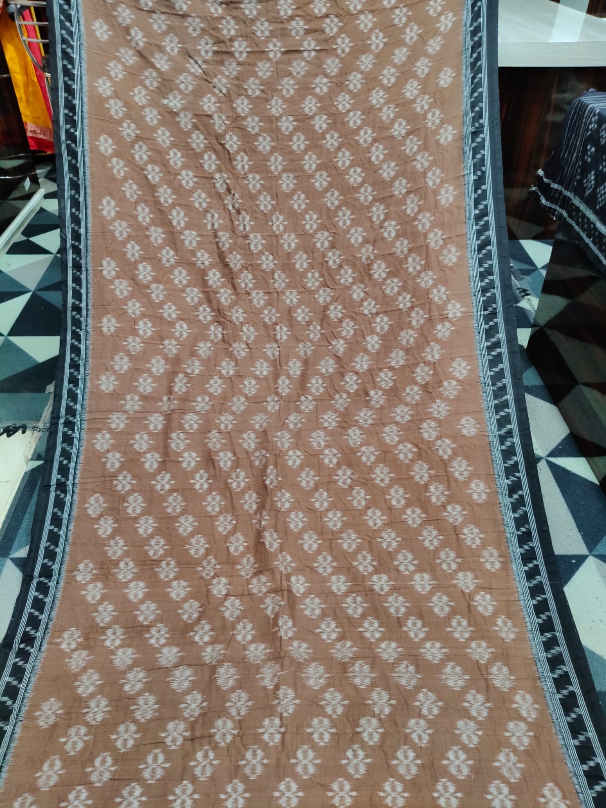 Brown Black Flower Design Khandua Cotton Saree