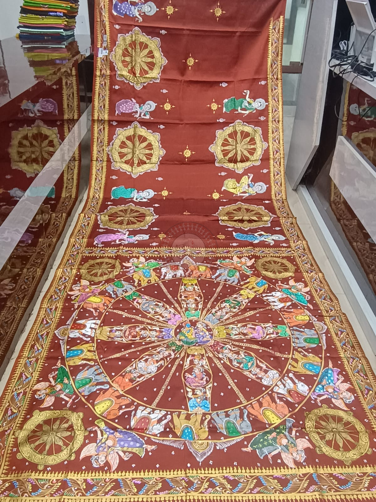 Brown Full Body Konark Wheel and Odissi Dancer Pattachitra Kanjeeveram Silk Saree