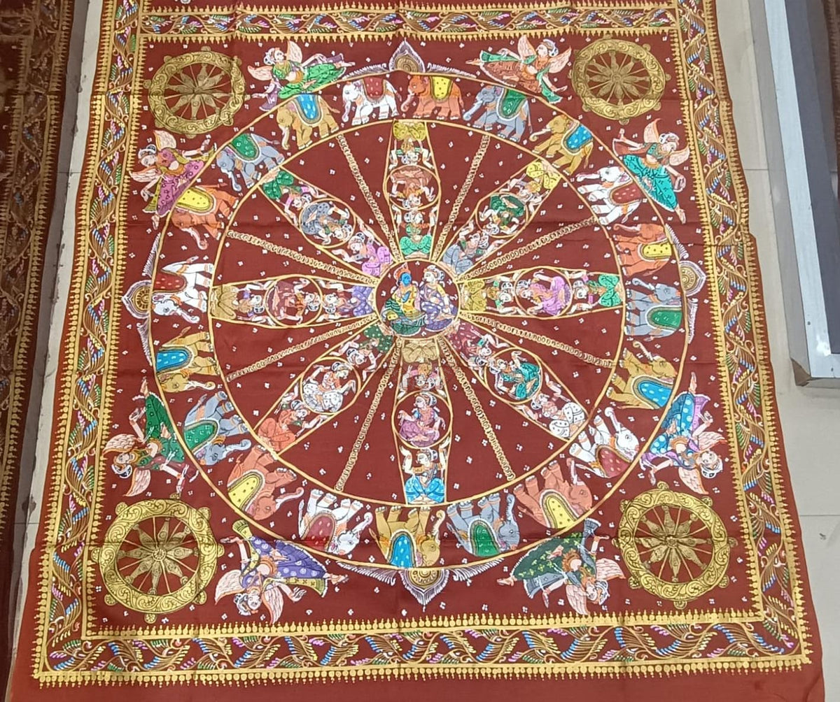 Brown Full Body Konark Wheel and Odissi Dancer Pattachitra Kanjeeveram Silk Saree