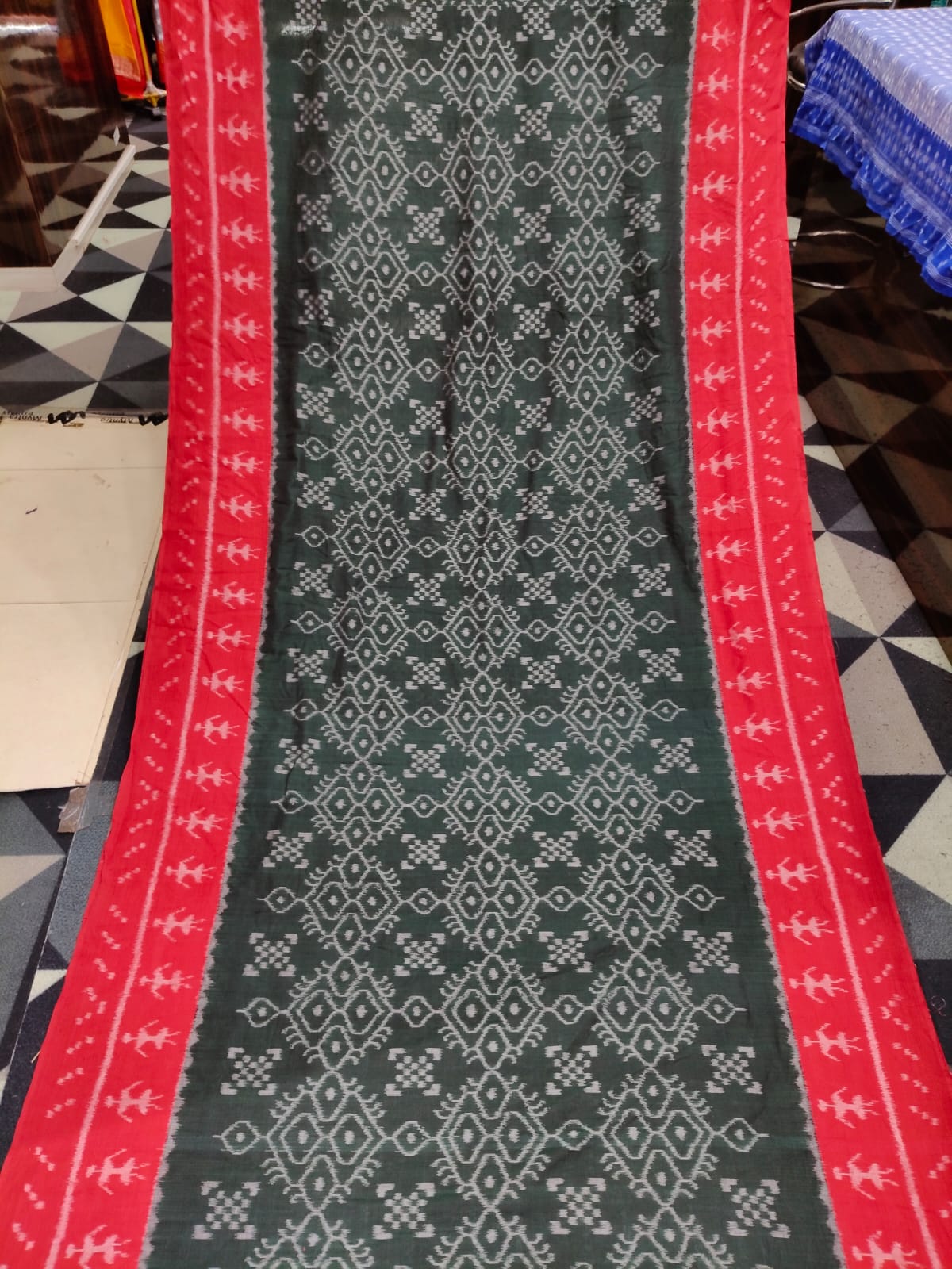 Buttle Green Red Flower & Scot Tribal Design Khandua Cotton Saree