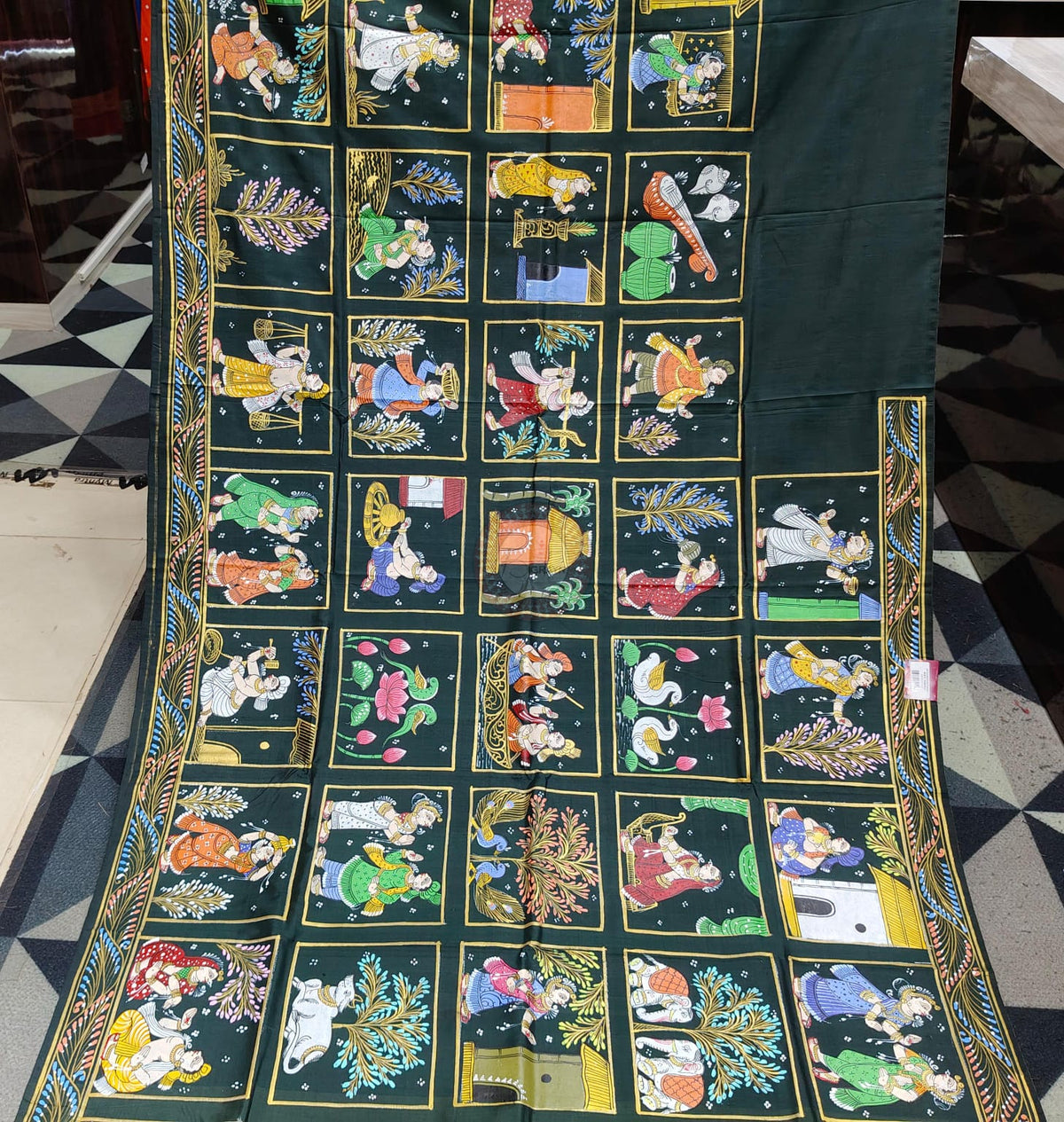 Buttle Green Small Box Boita Theme Pattachitra Pure Silk Saree