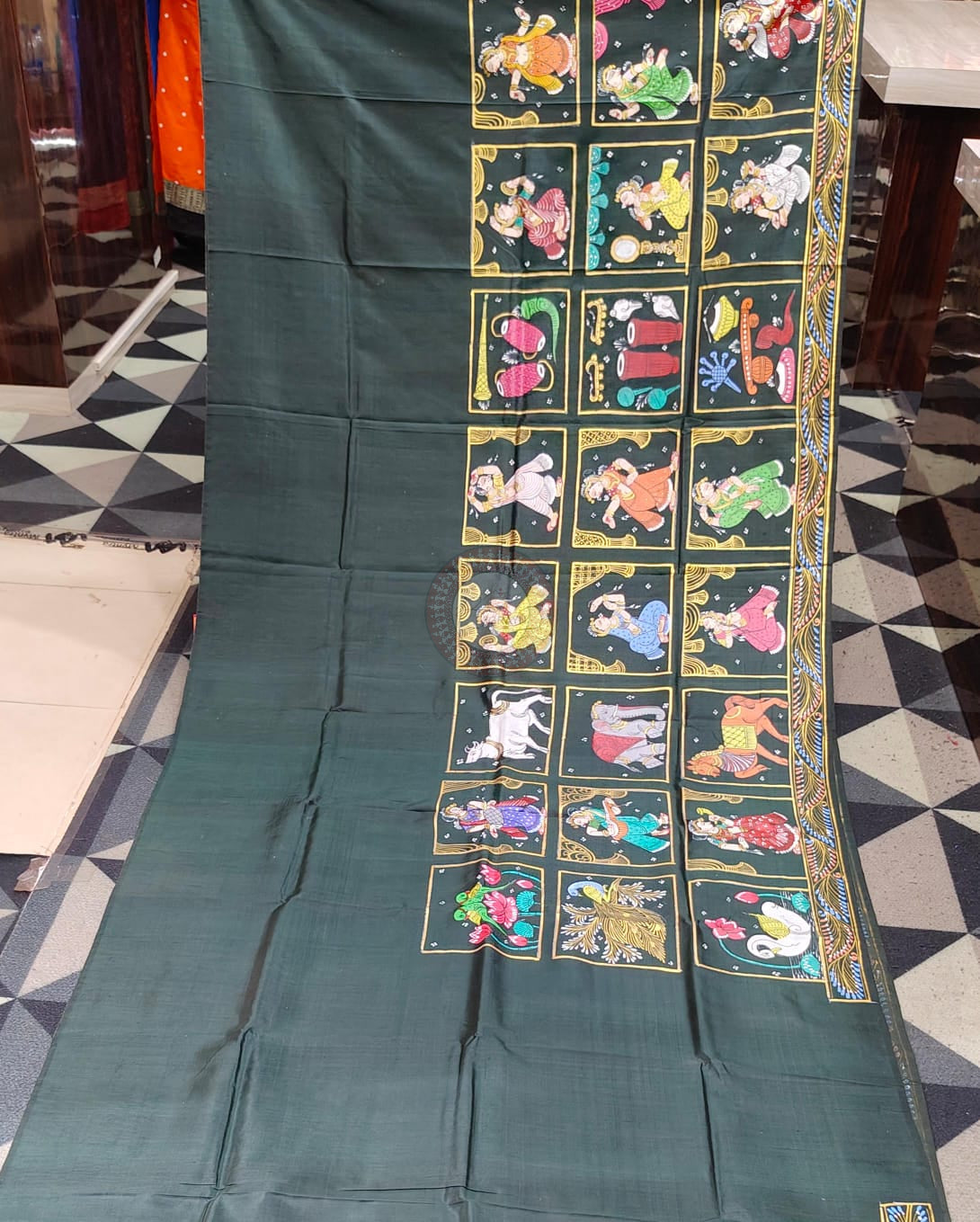 Buttle Green Small Box Boita Theme Pattachitra Pure Silk Saree