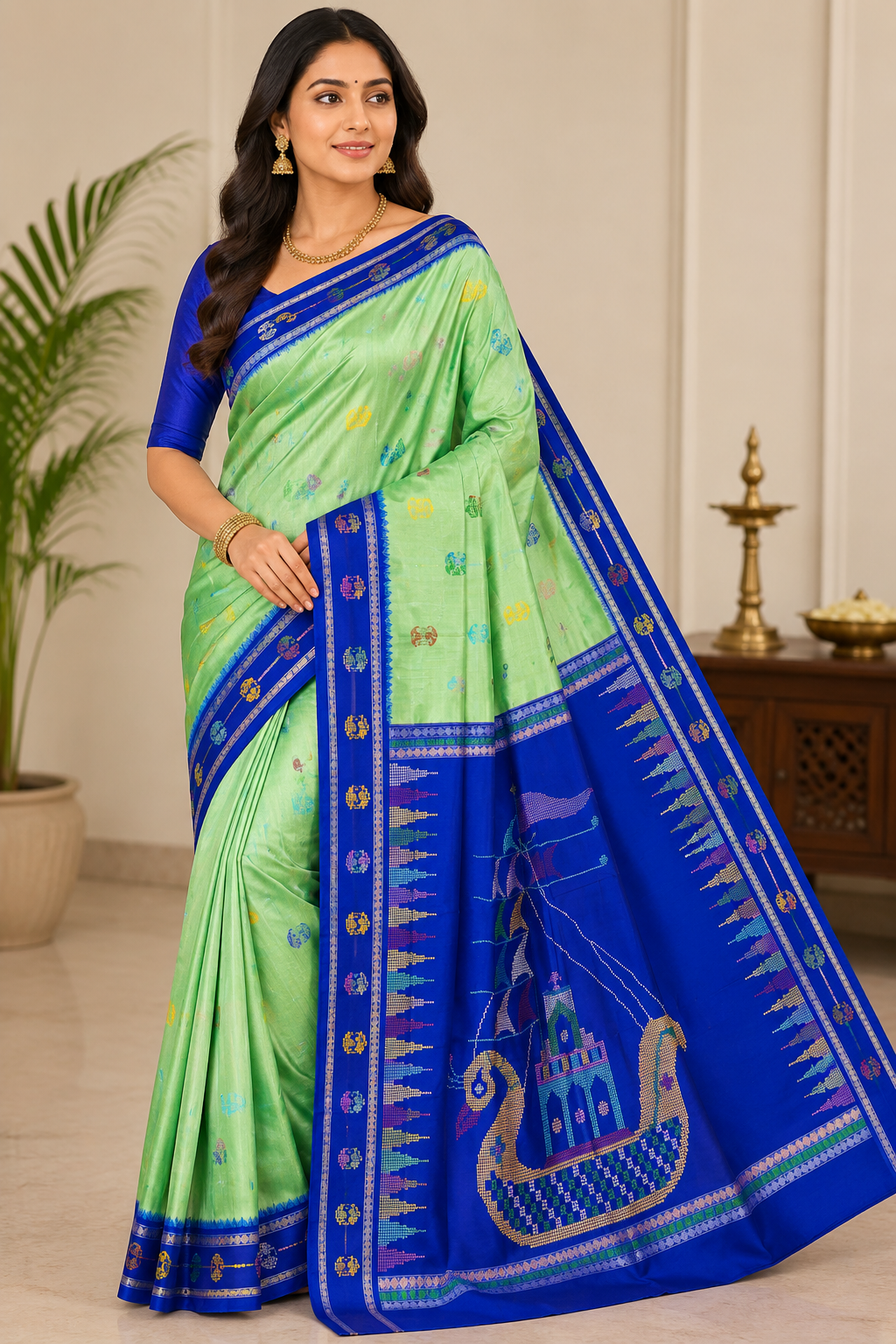 Pista Green Blue Boita Bomkai Silk Saree