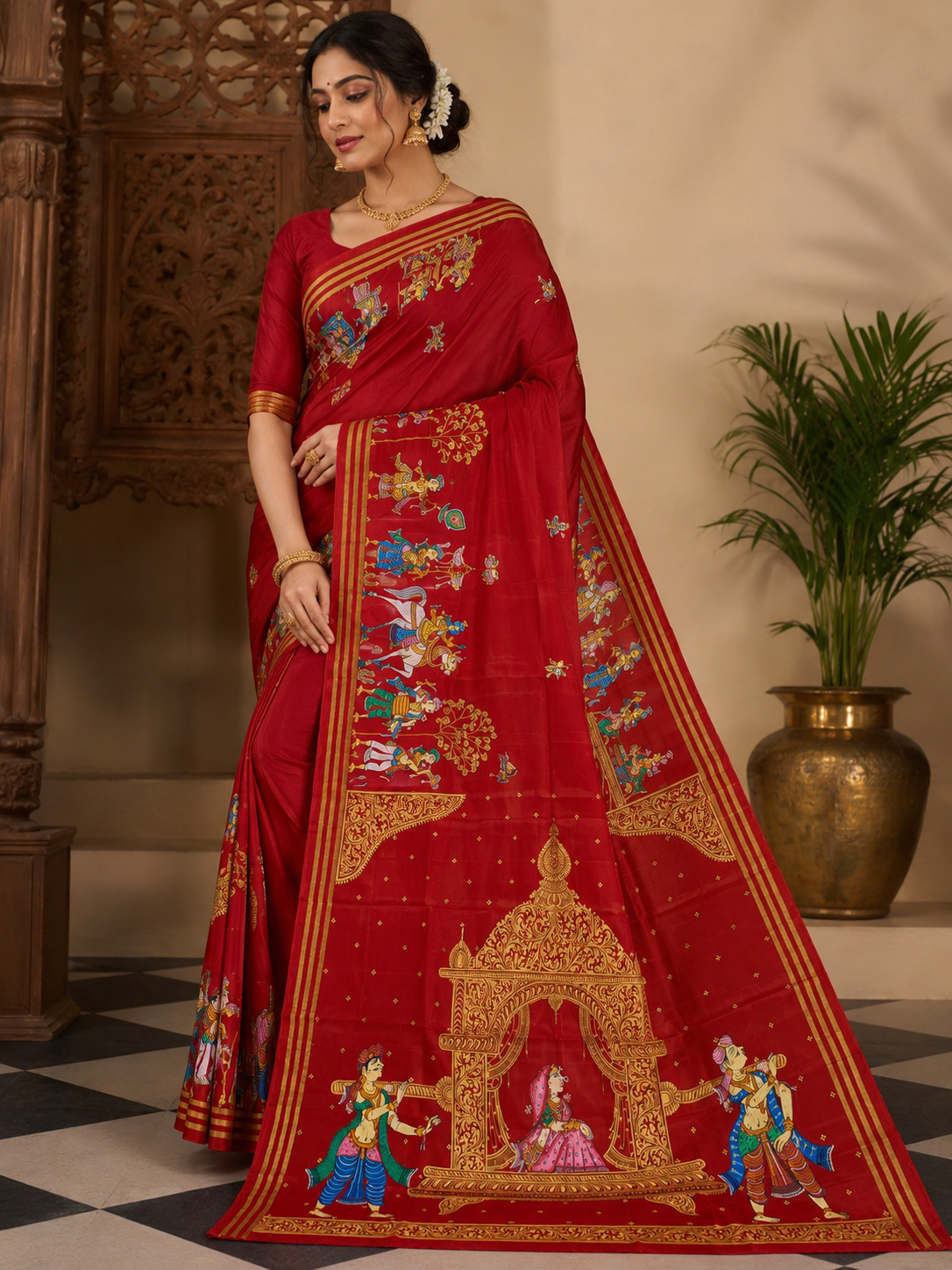Red Marriage Theme Pattachitra Kanjeeveram Silk Saree