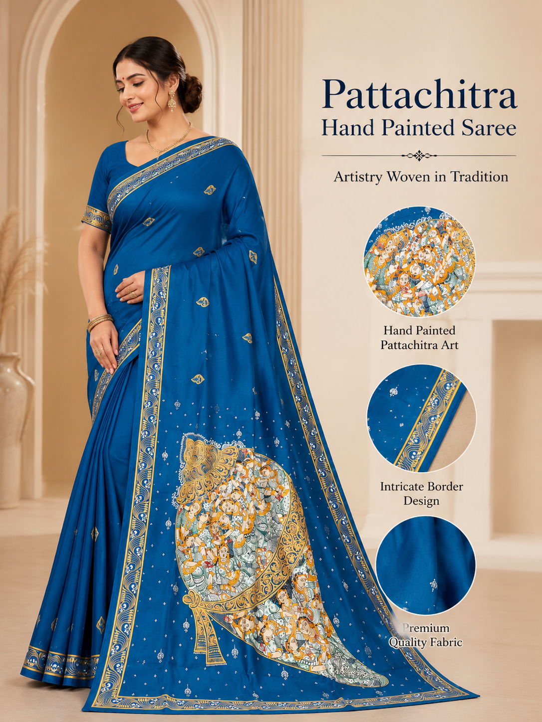 Teal Blue Kandarpa Sankha Theme Pattachitra Khadi Silk Saree