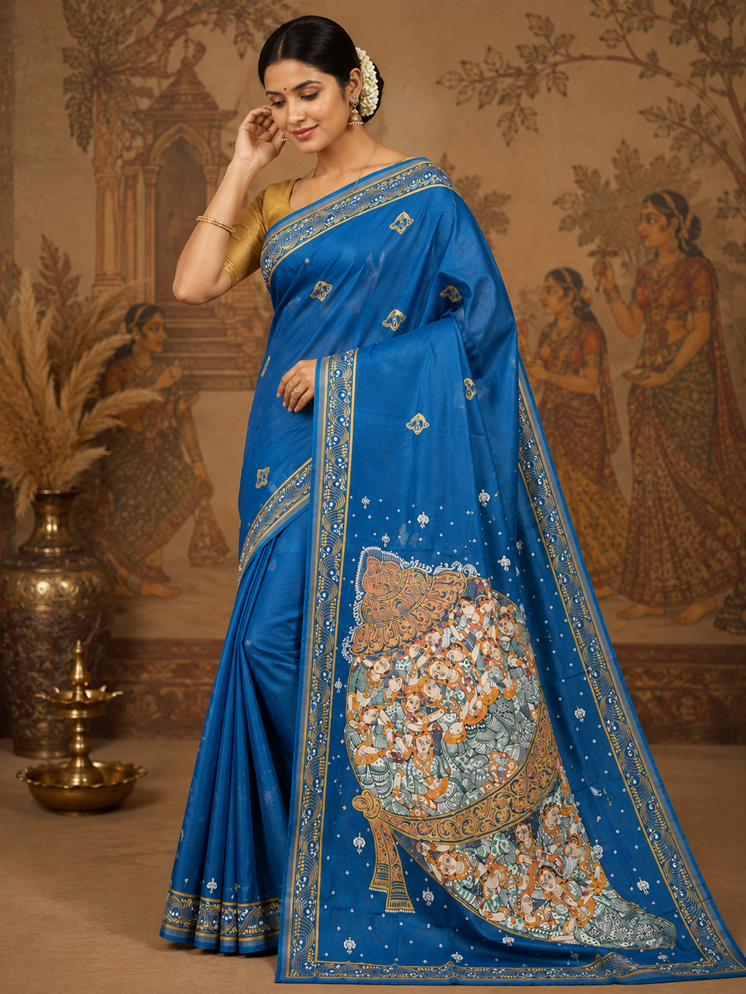 Teal Blue Kandarpa Sankha Theme Pattachitra Khadi Silk Saree