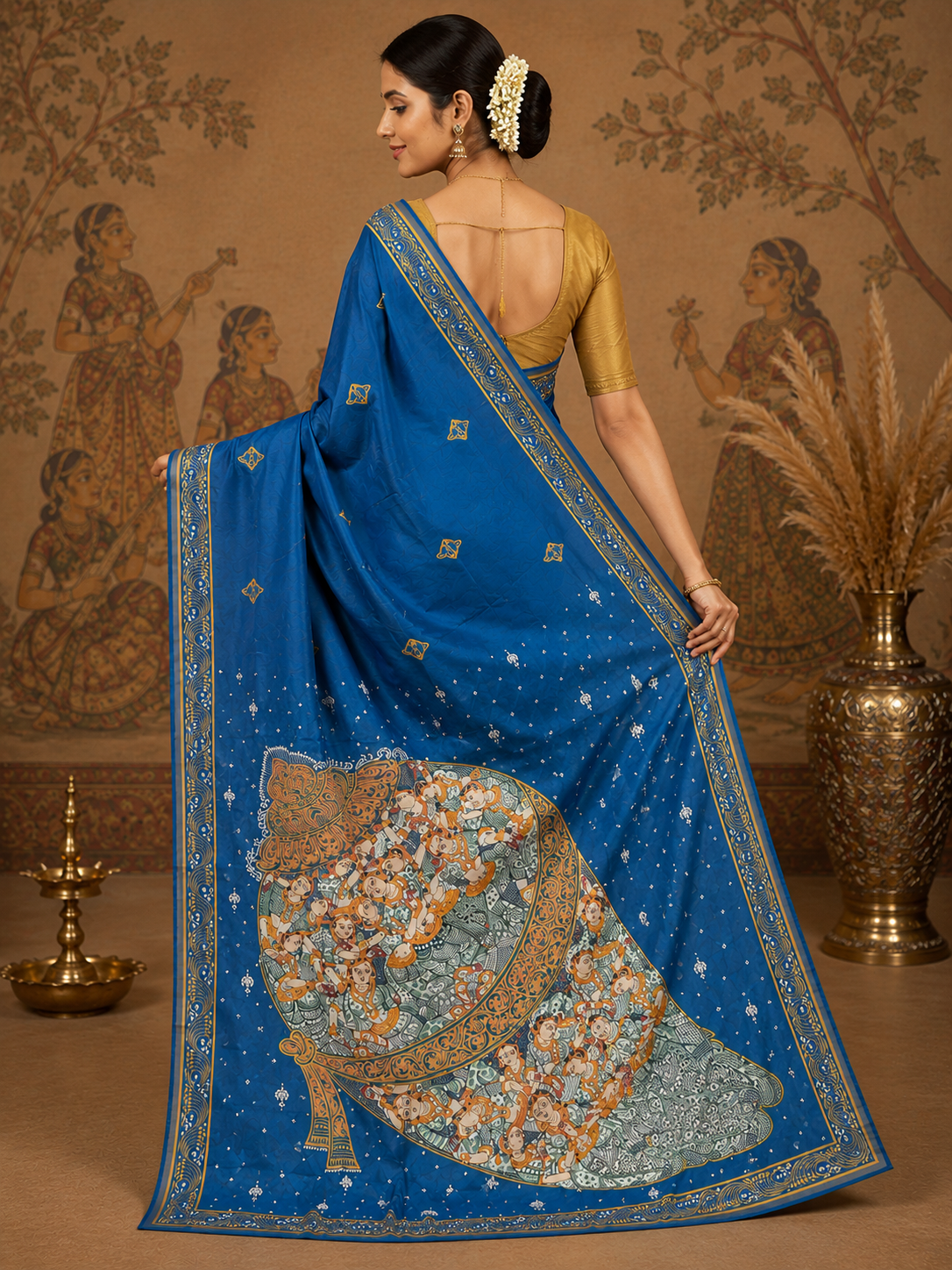 Teal Blue Kandarpa Sankha Theme Pattachitra Khadi Silk Saree