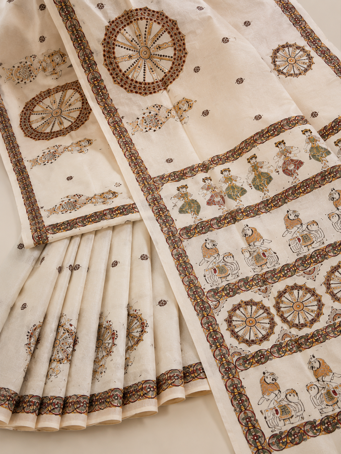 Off White Konark Wheel & Dancer Theme Pattachitra Khadi Silk Saree