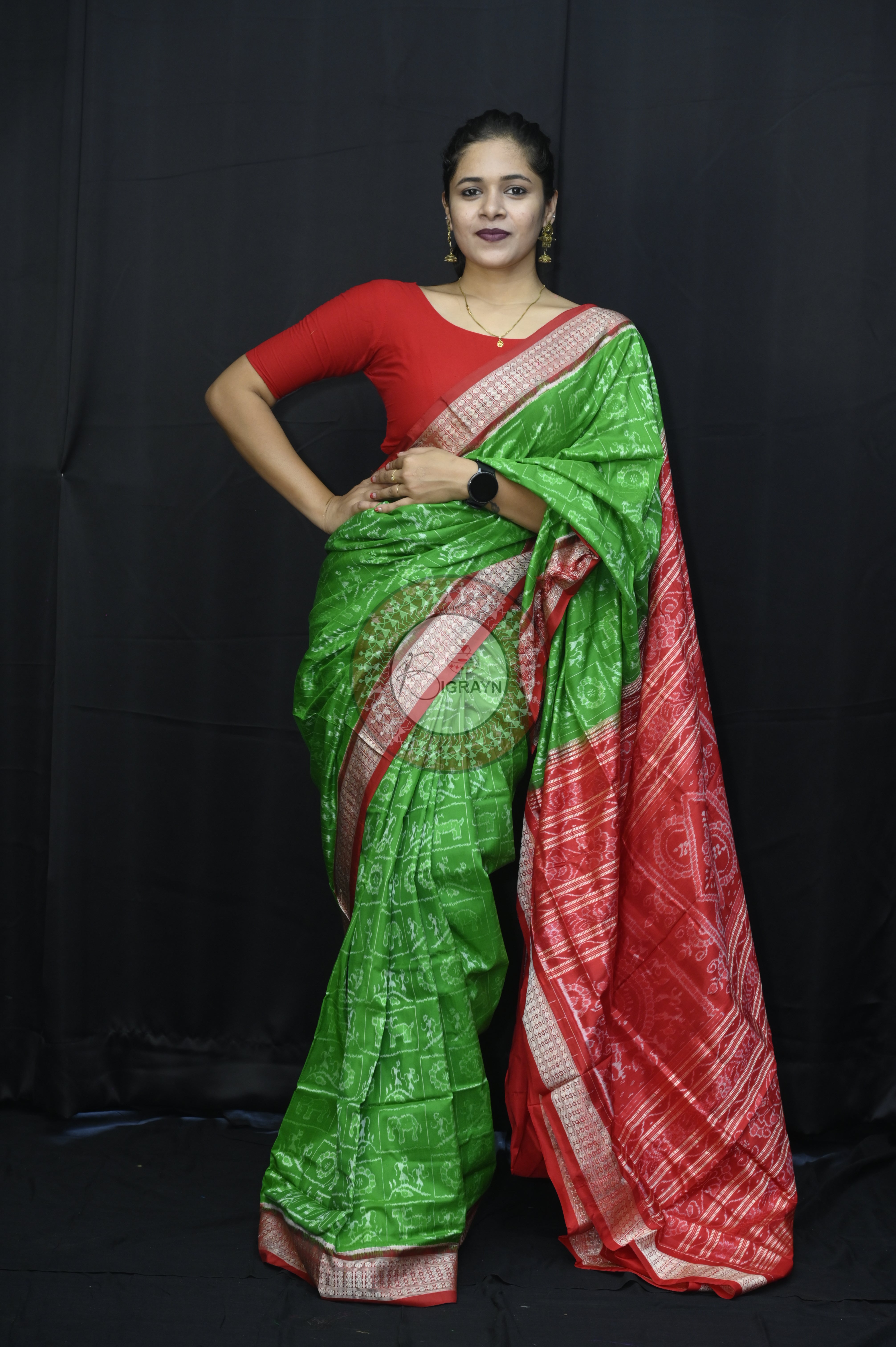 Green Red Tribal And Animal Sambalpuri Silk Saree