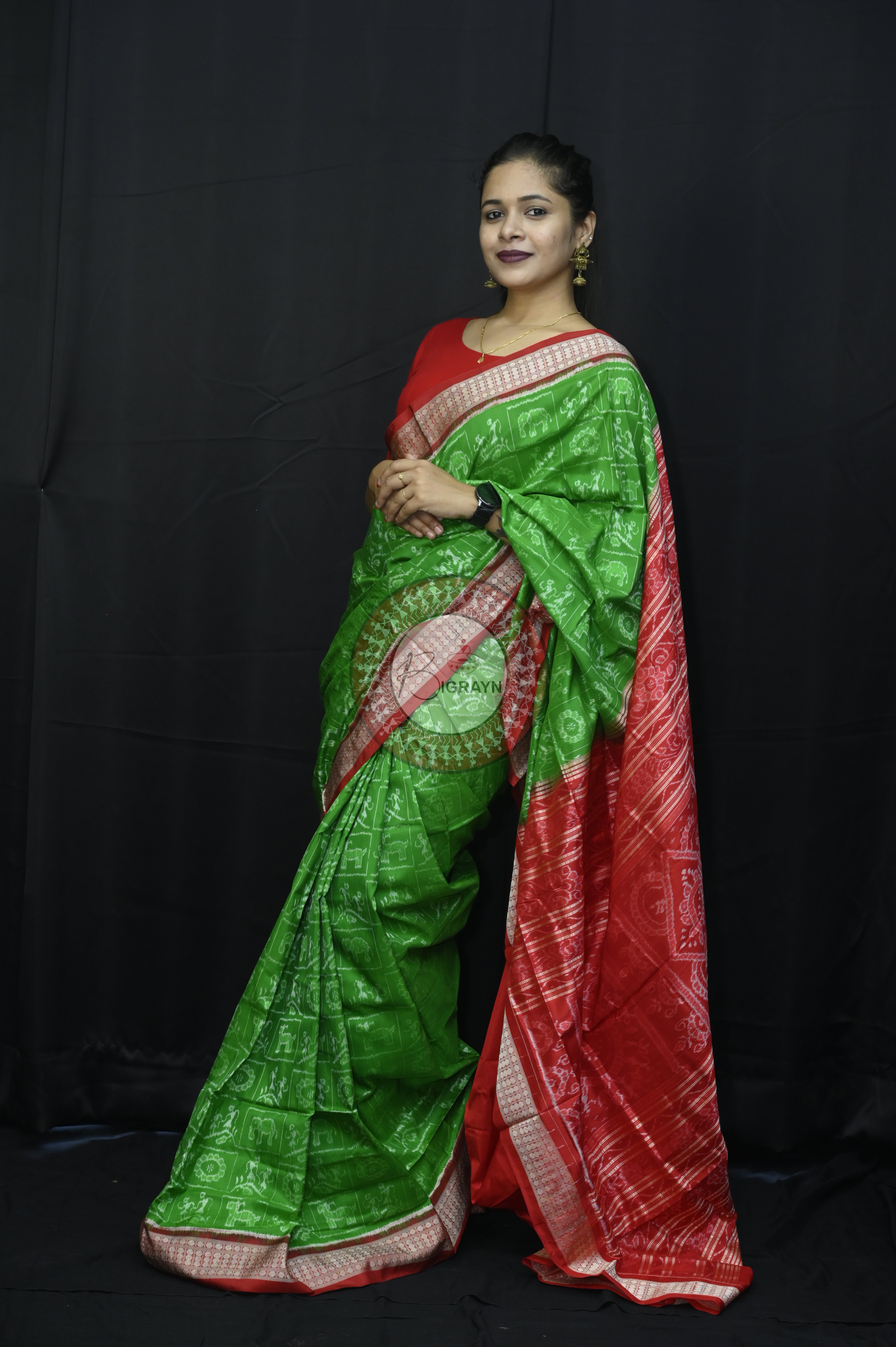 Green Red Tribal And Animal Sambalpuri Silk Saree