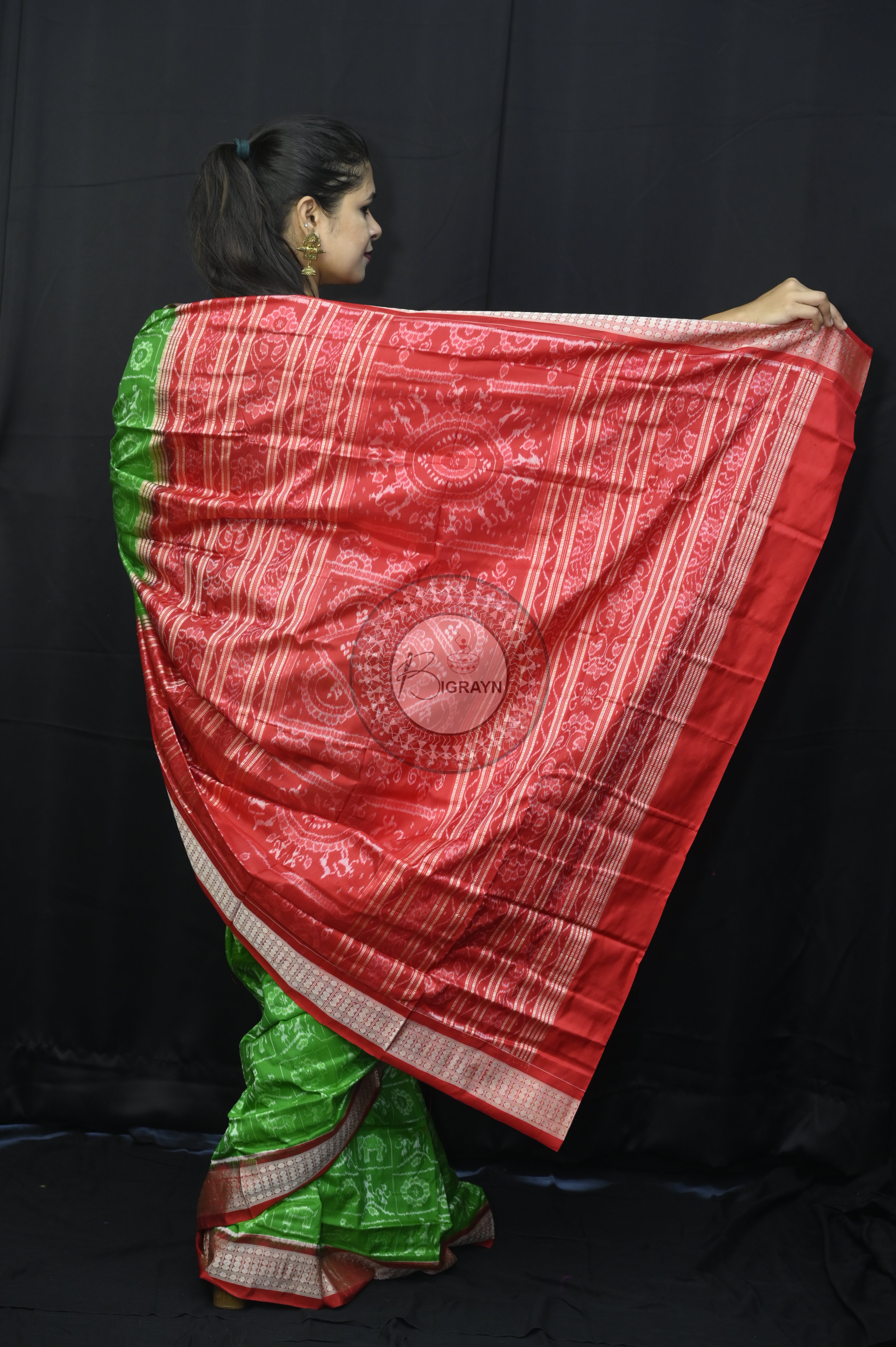 Green Red Tribal And Animal Sambalpuri Silk Saree