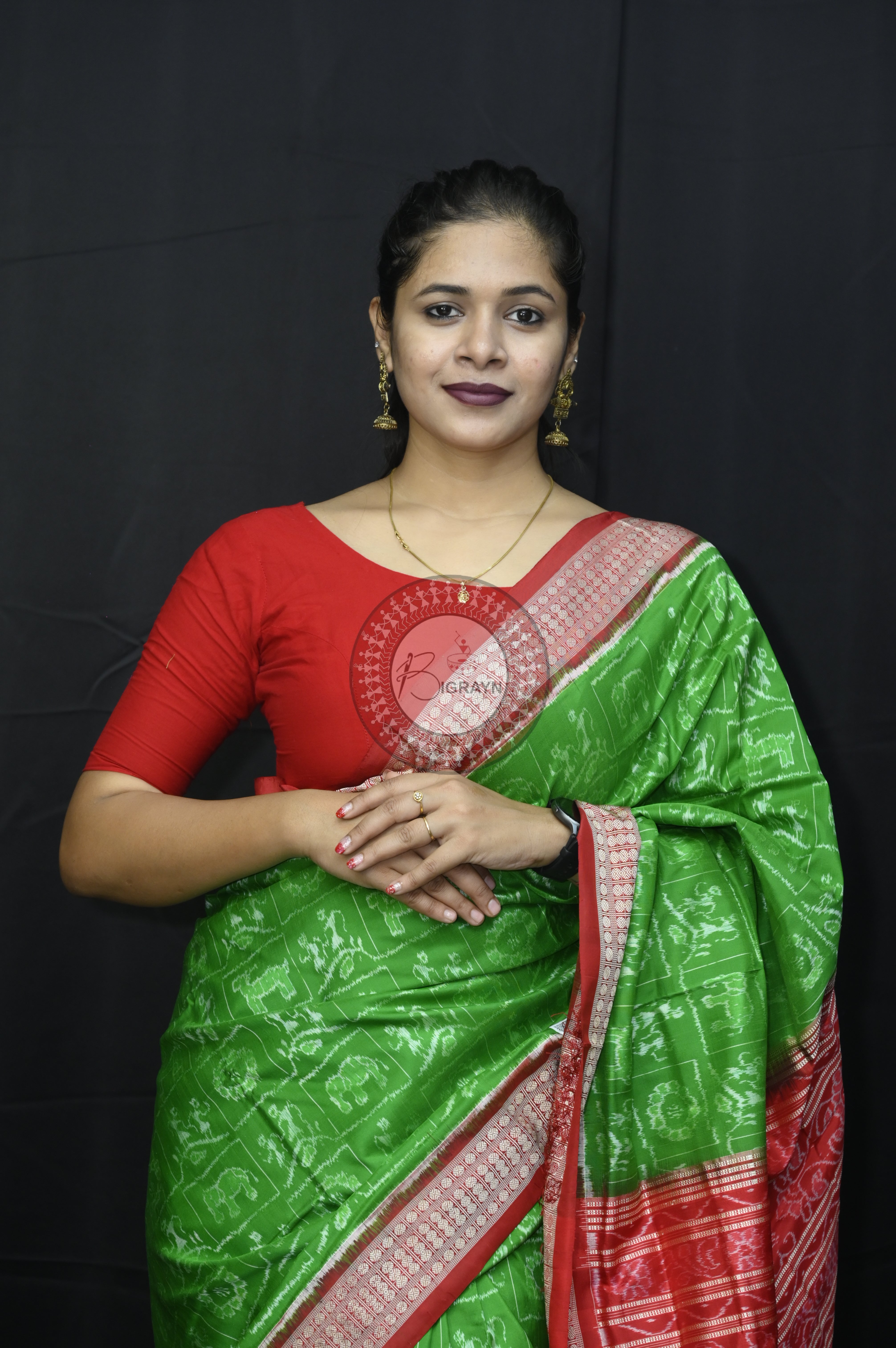 Green Red Tribal And Animal Sambalpuri Silk Saree