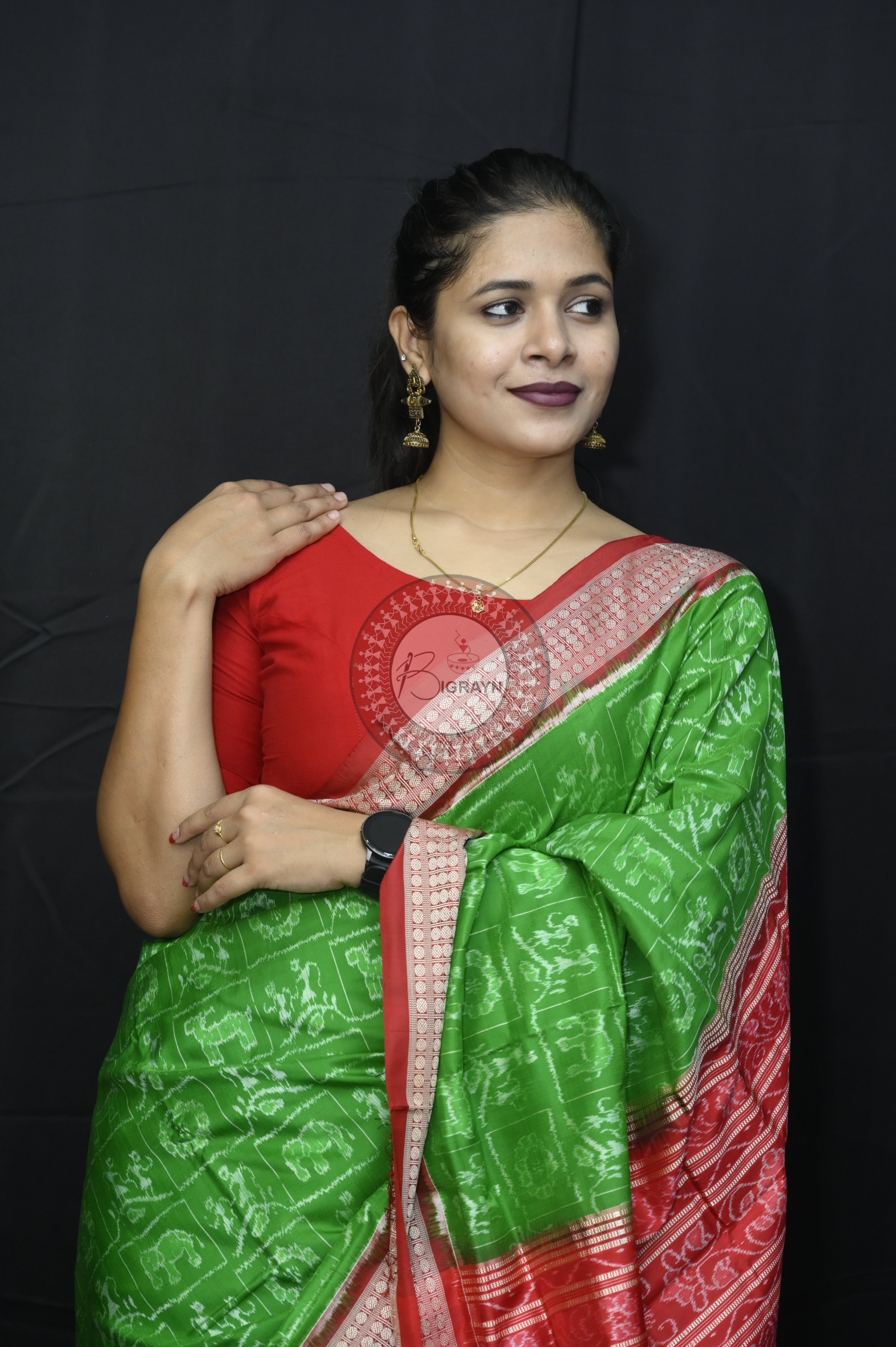 Green Red Tribal And Animal Sambalpuri Silk Saree