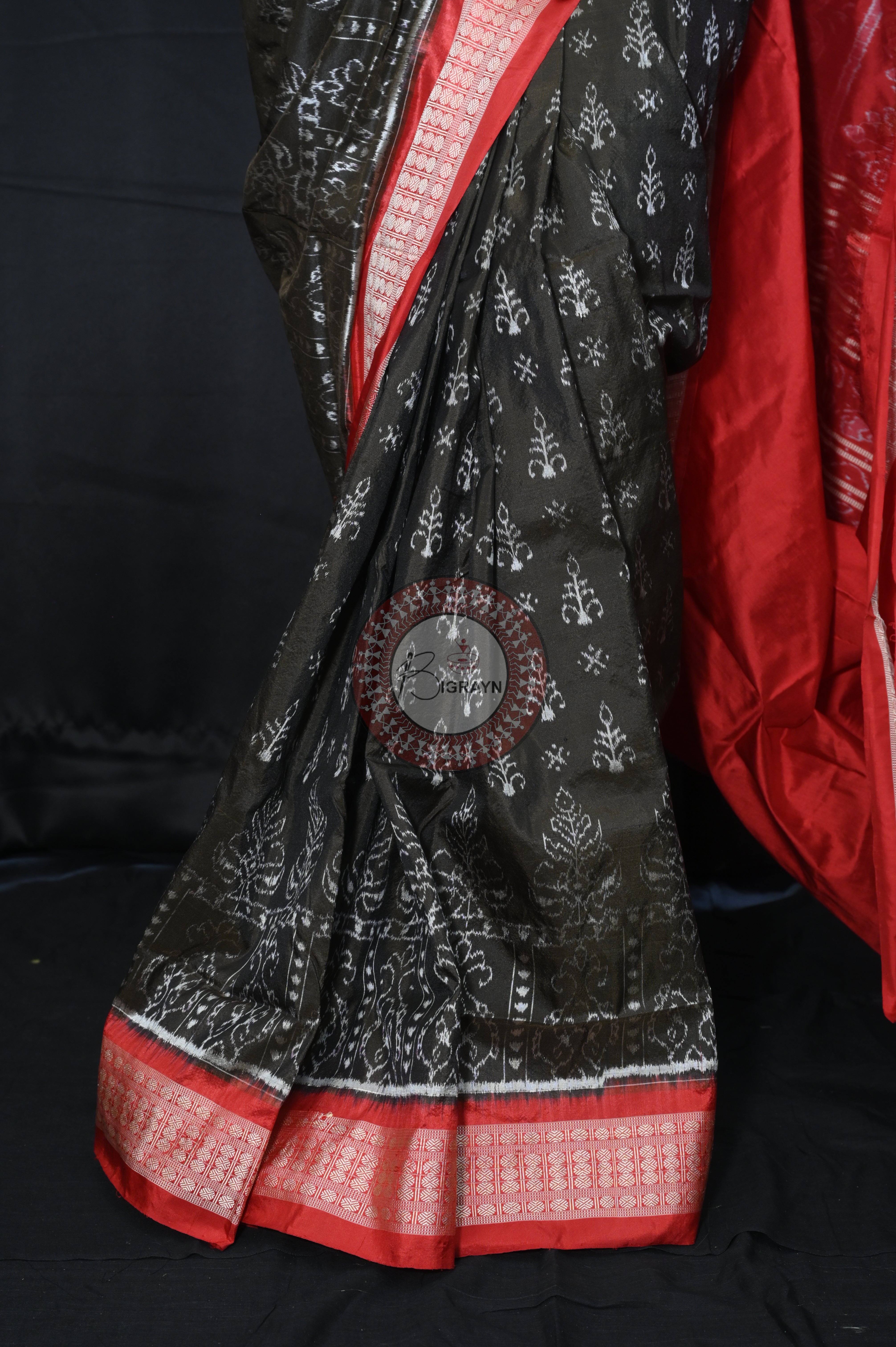 Black Red Tribal Tree Sambalpuri Silk Saree