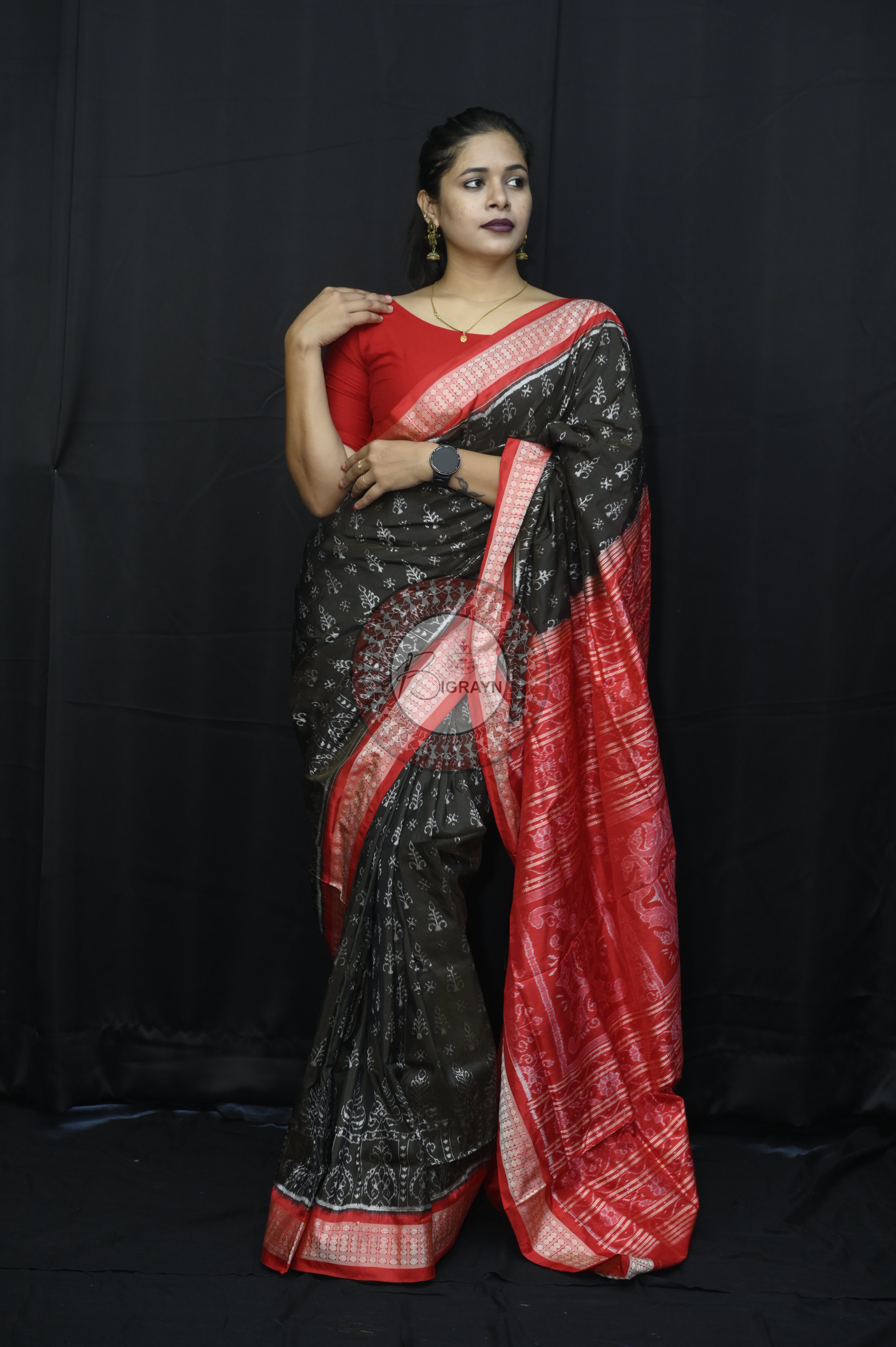 Black Red Tribal Tree Sambalpuri Silk Saree