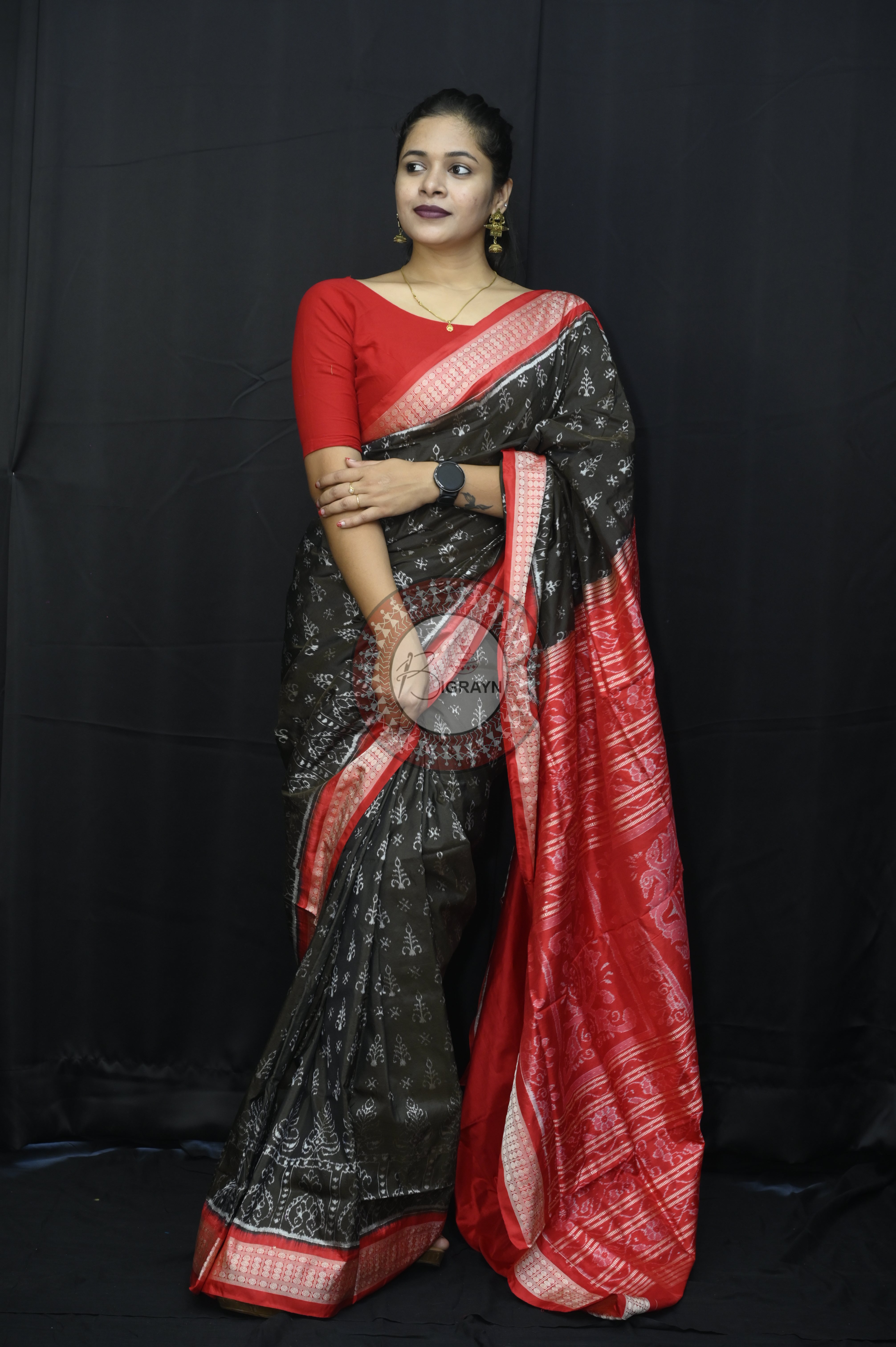Black Red Tribal Tree Sambalpuri Silk Saree