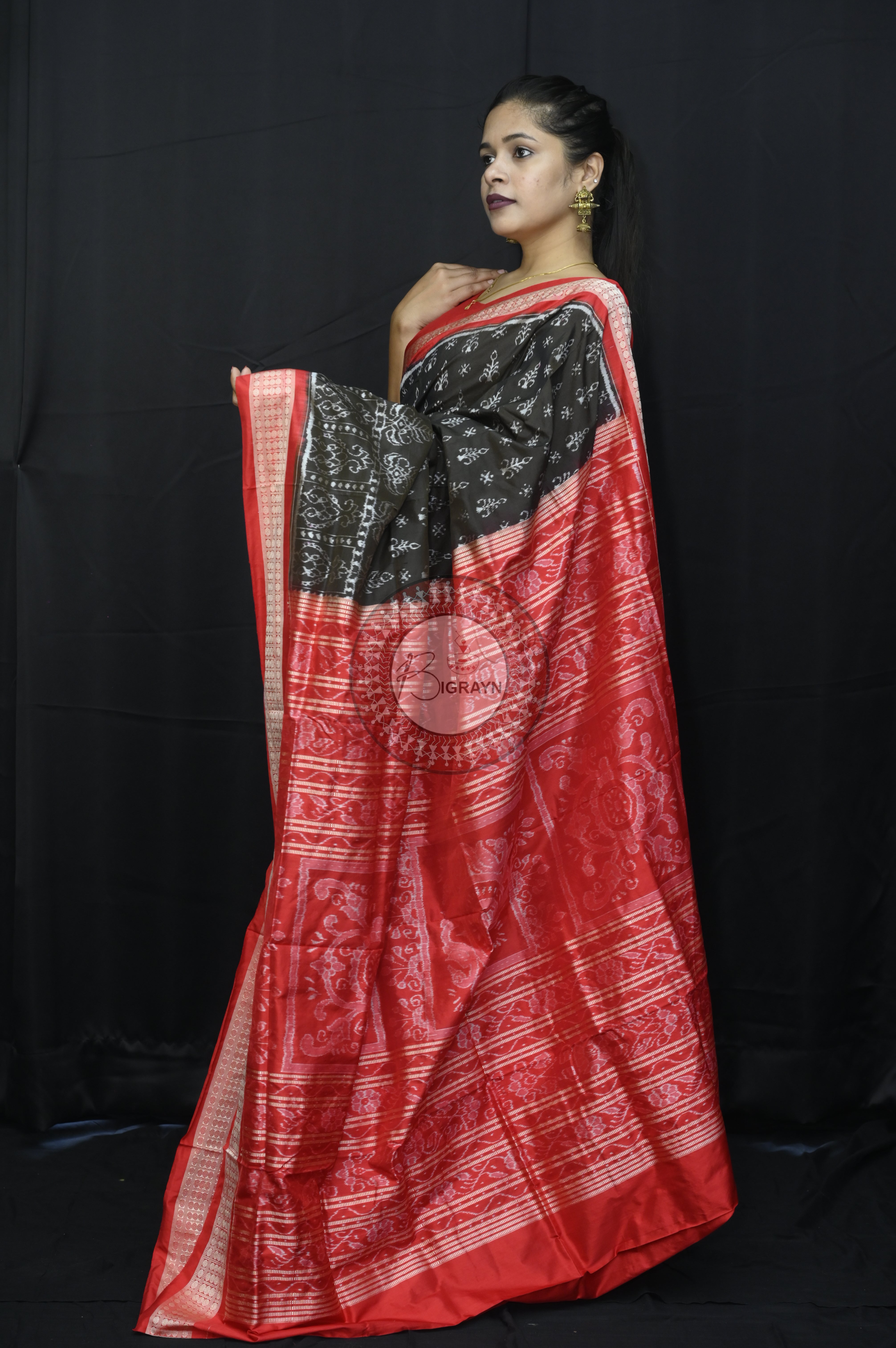 Black Red Tribal Tree Sambalpuri Silk Saree