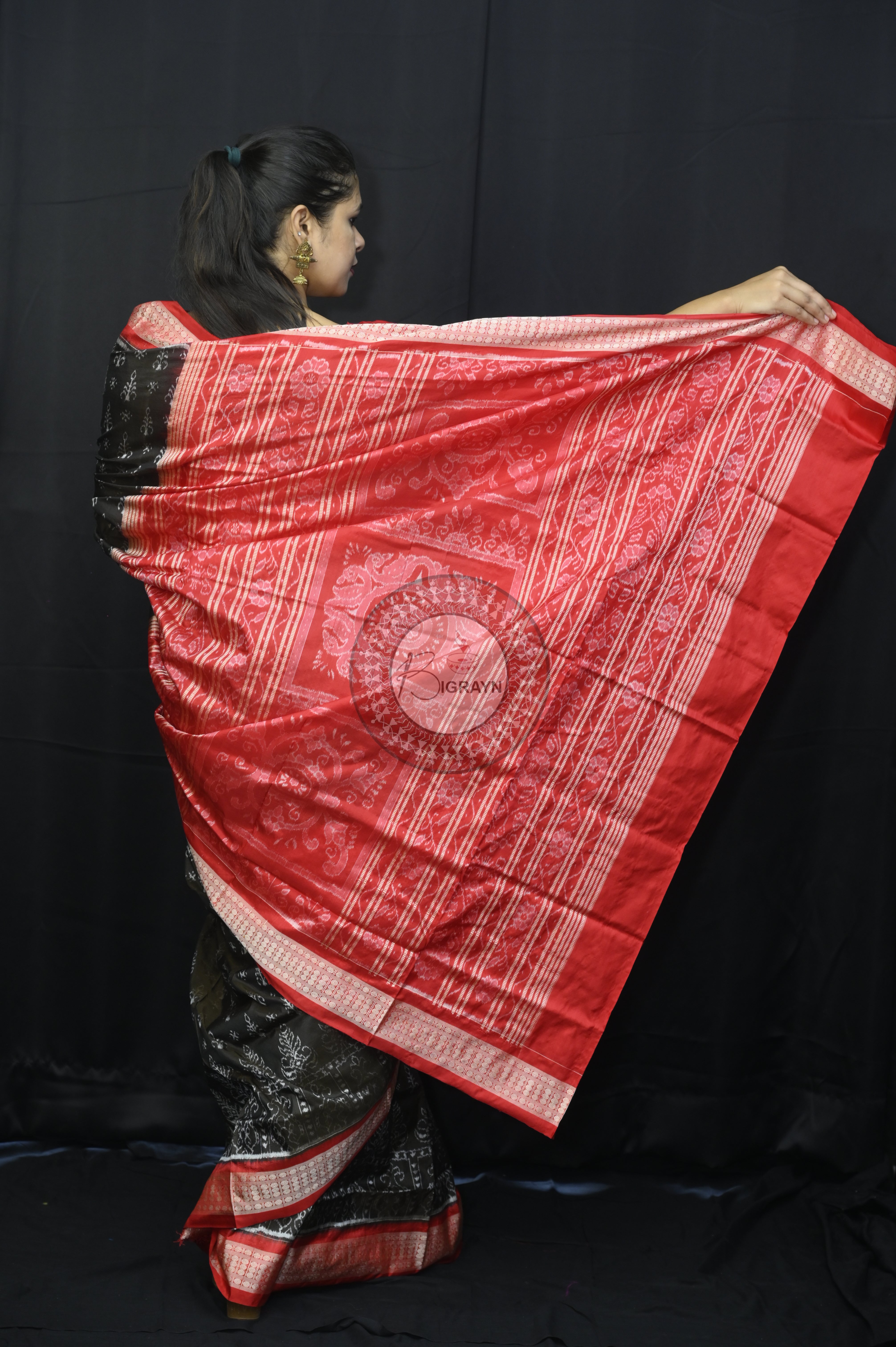 Black Red Tribal Tree Sambalpuri Silk Saree