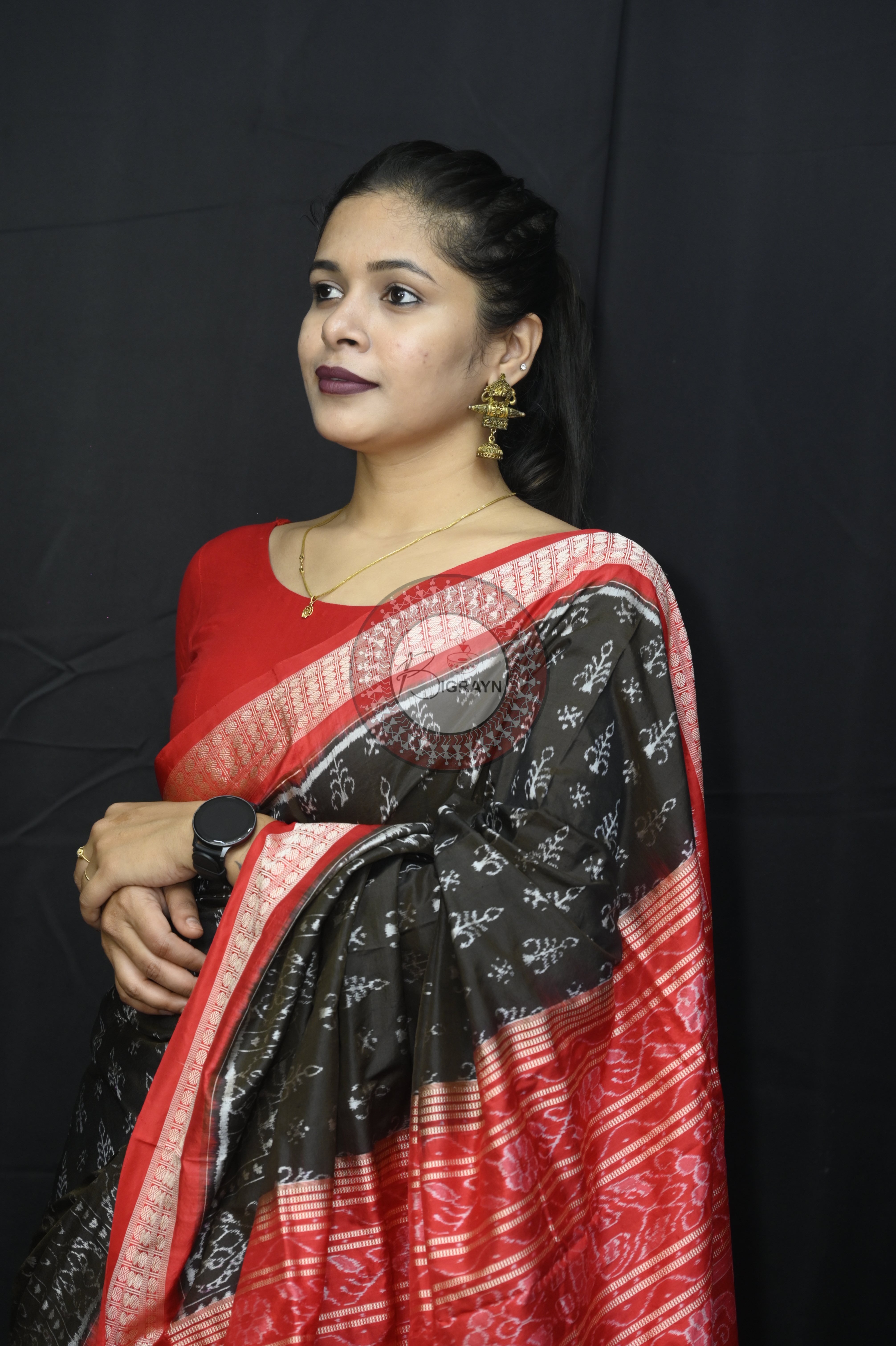 Black Red Tribal Tree Sambalpuri Silk Saree