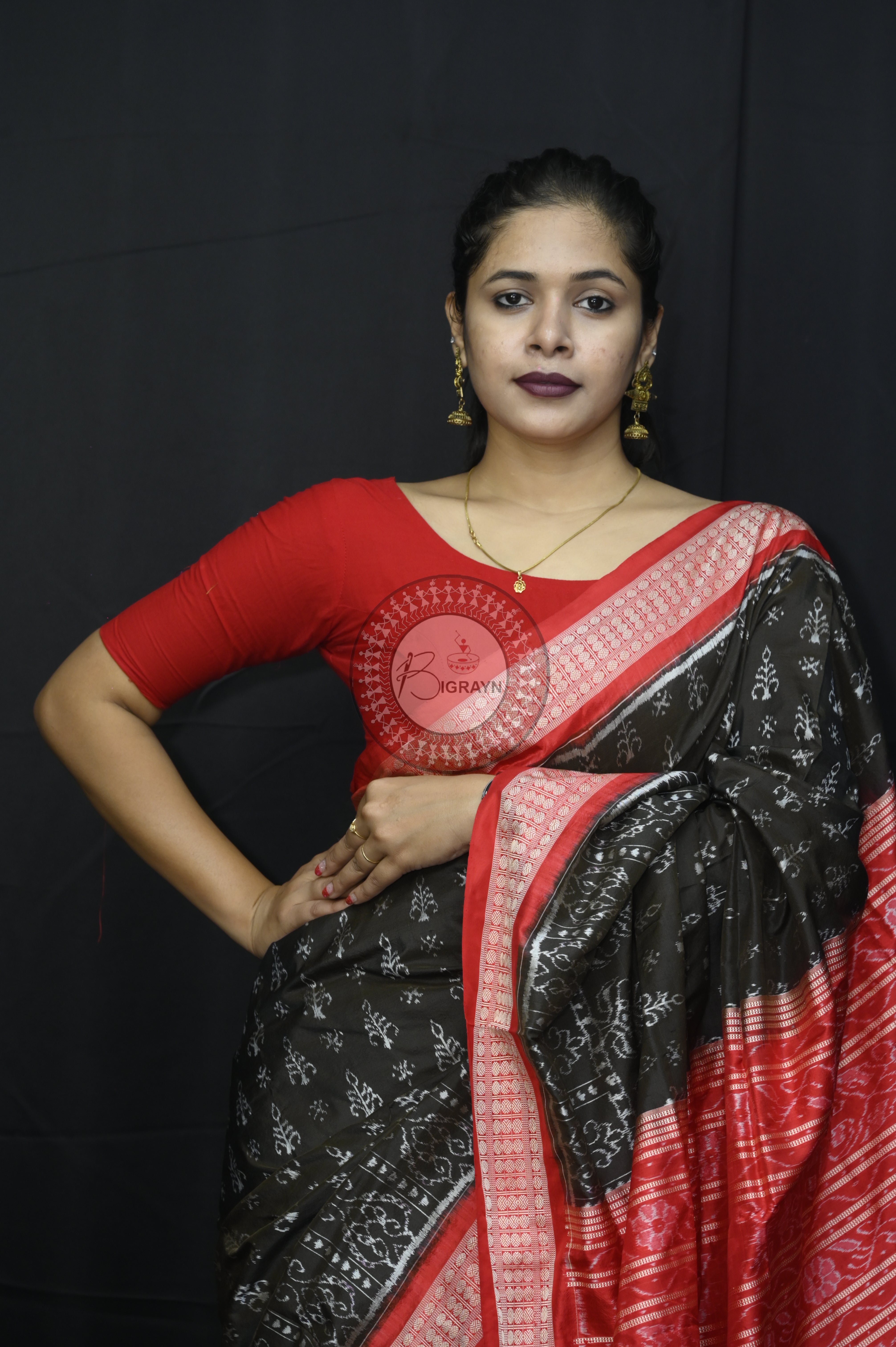 Black Red Tribal Tree Sambalpuri Silk Saree