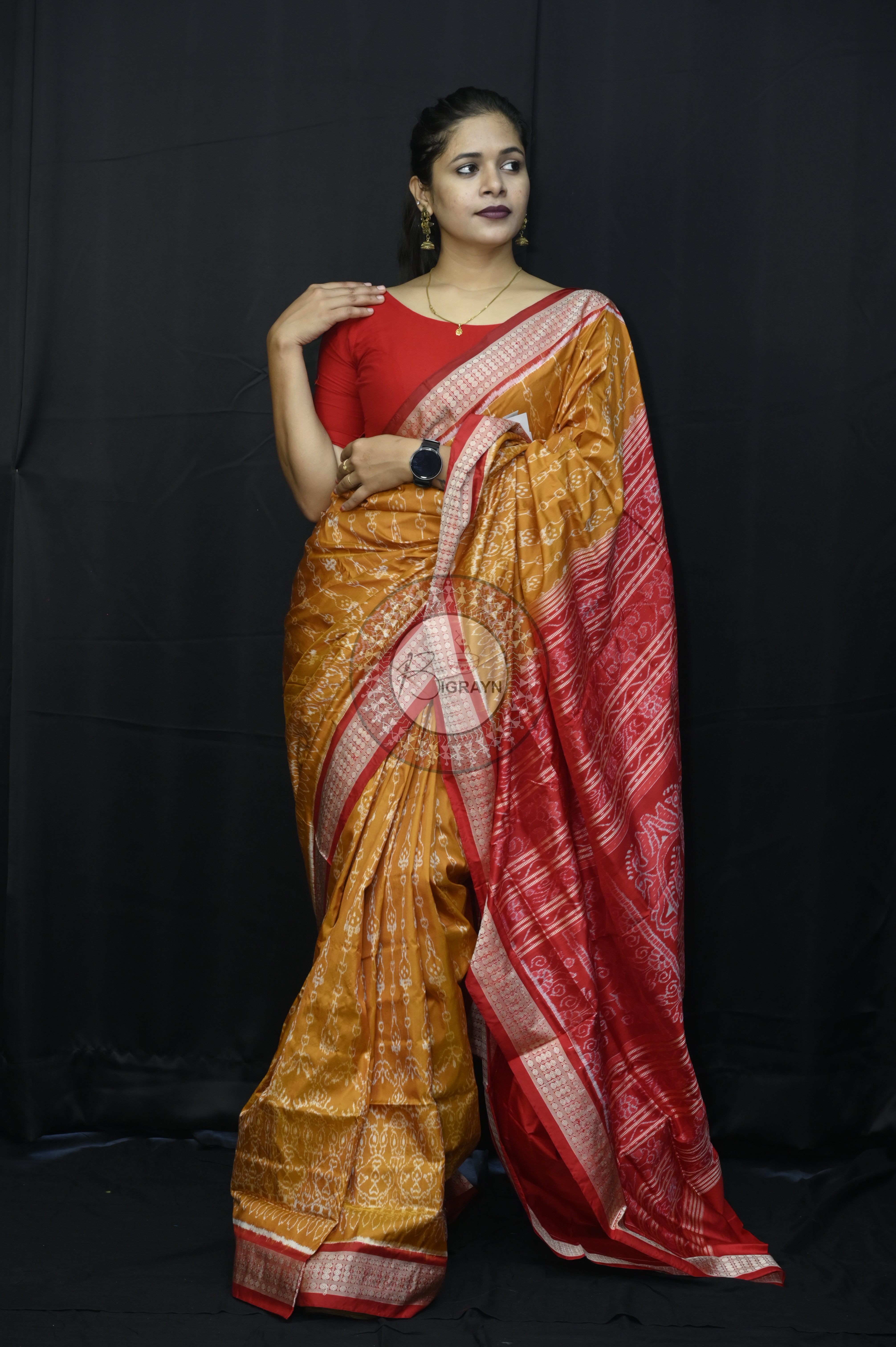 Mustard Yellow Red Flower Sambalpuri Silk Saree