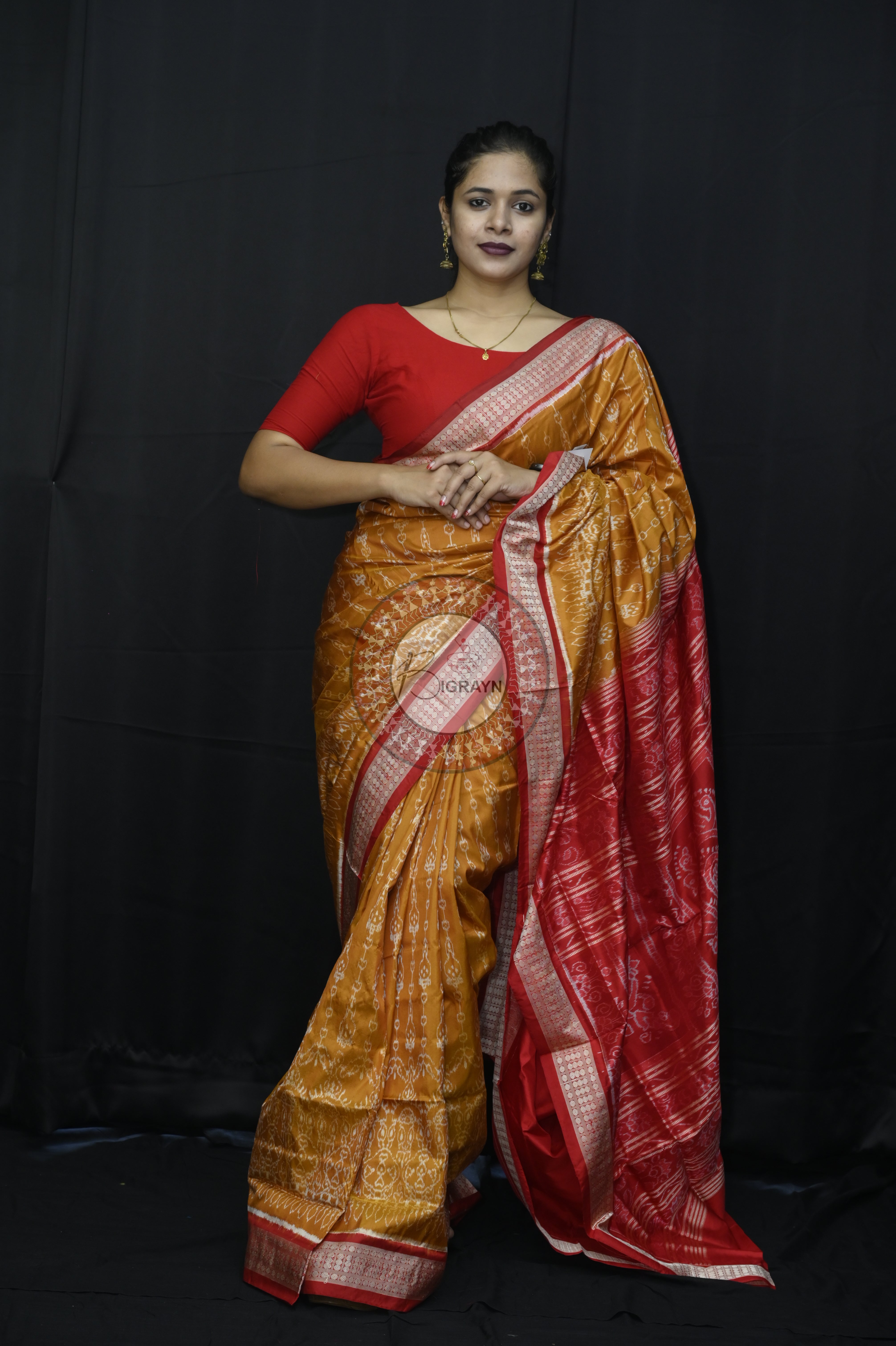 Mustard Yellow Red Flower Sambalpuri Silk Saree
