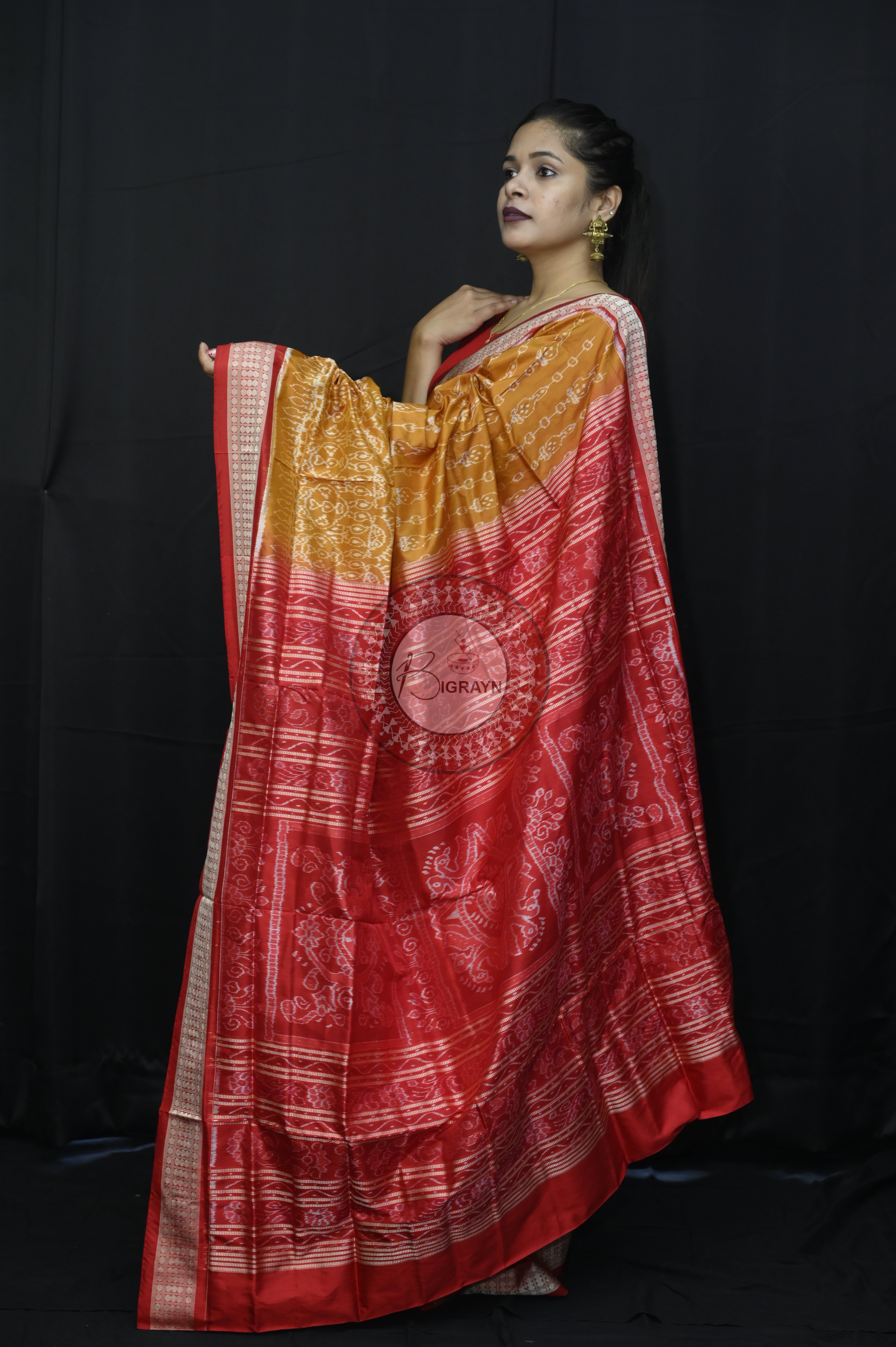 Mustard Yellow Red Flower Sambalpuri Silk Saree