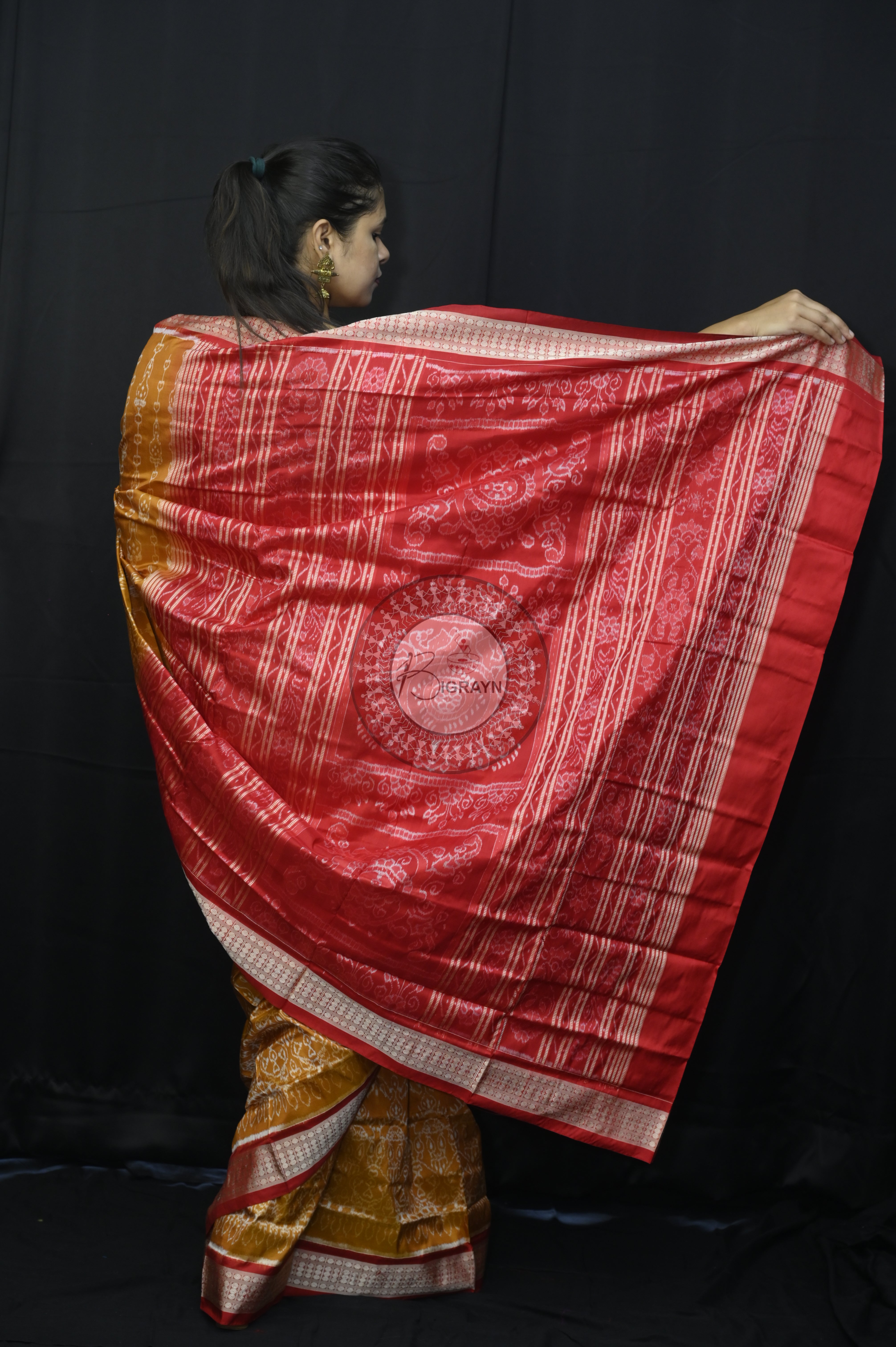 Mustard Yellow Red Flower Sambalpuri Silk Saree