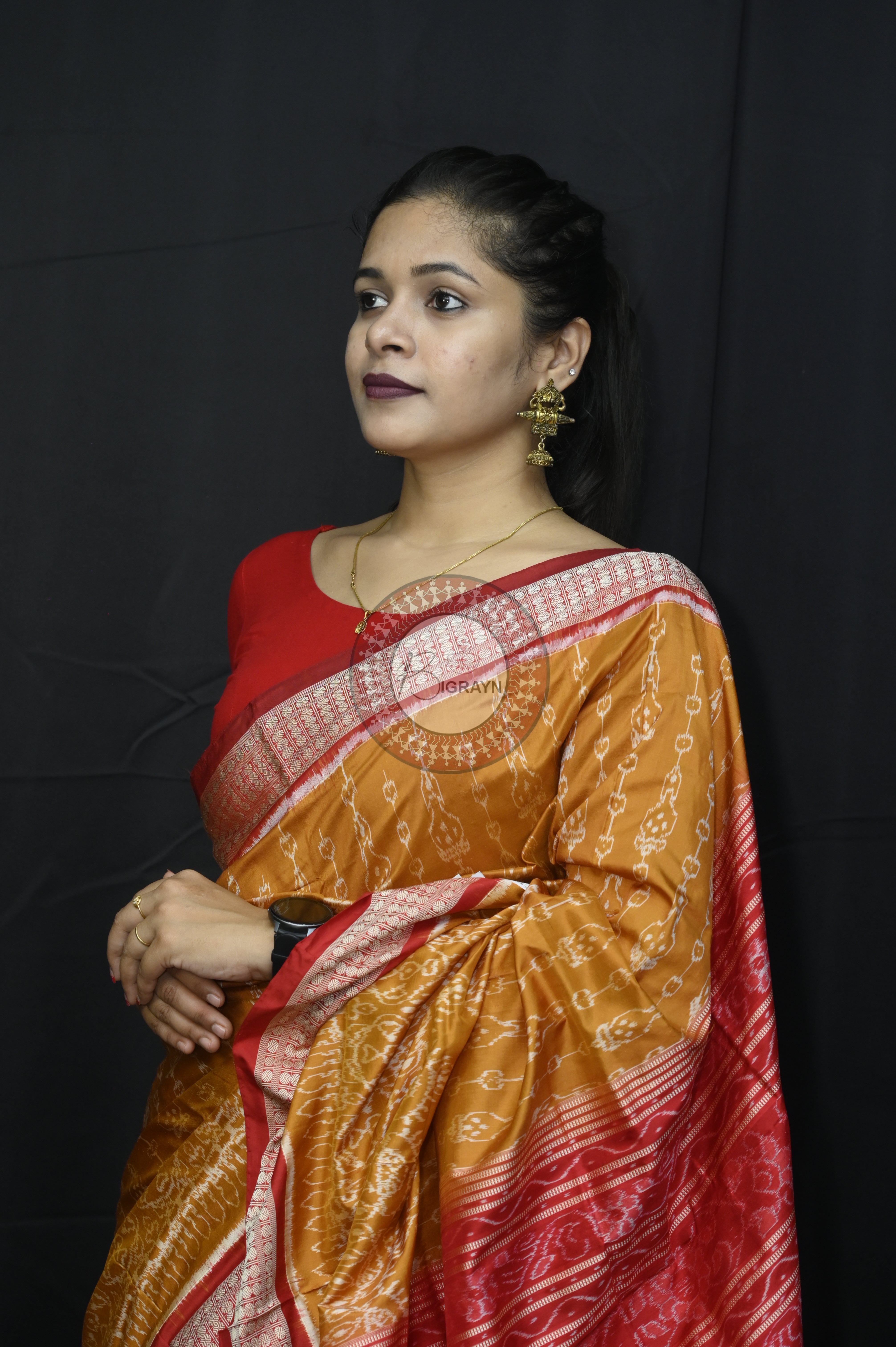 Mustard Yellow Red Flower Sambalpuri Silk Saree