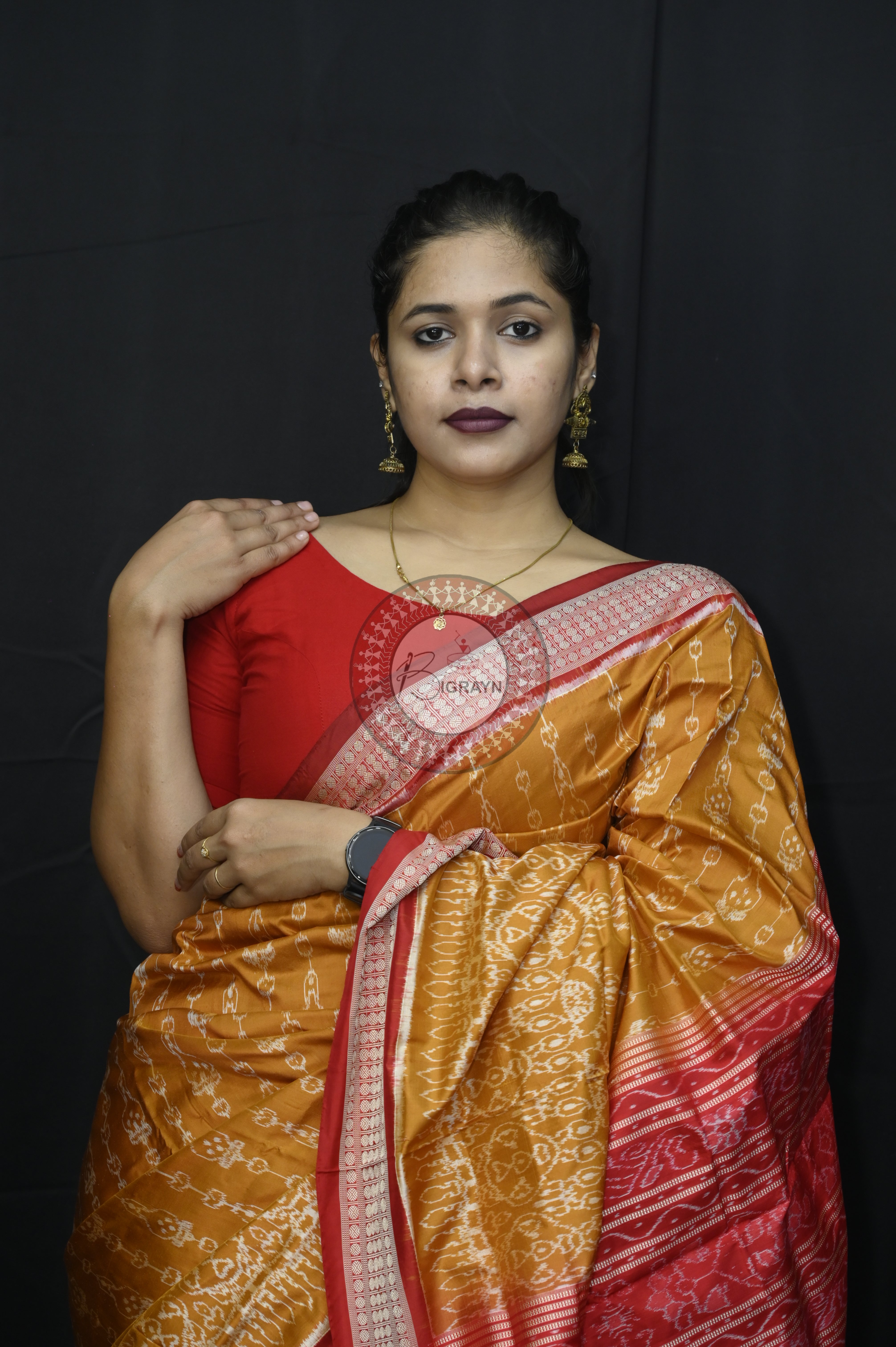 Mustard Yellow Red Flower Sambalpuri Silk Saree