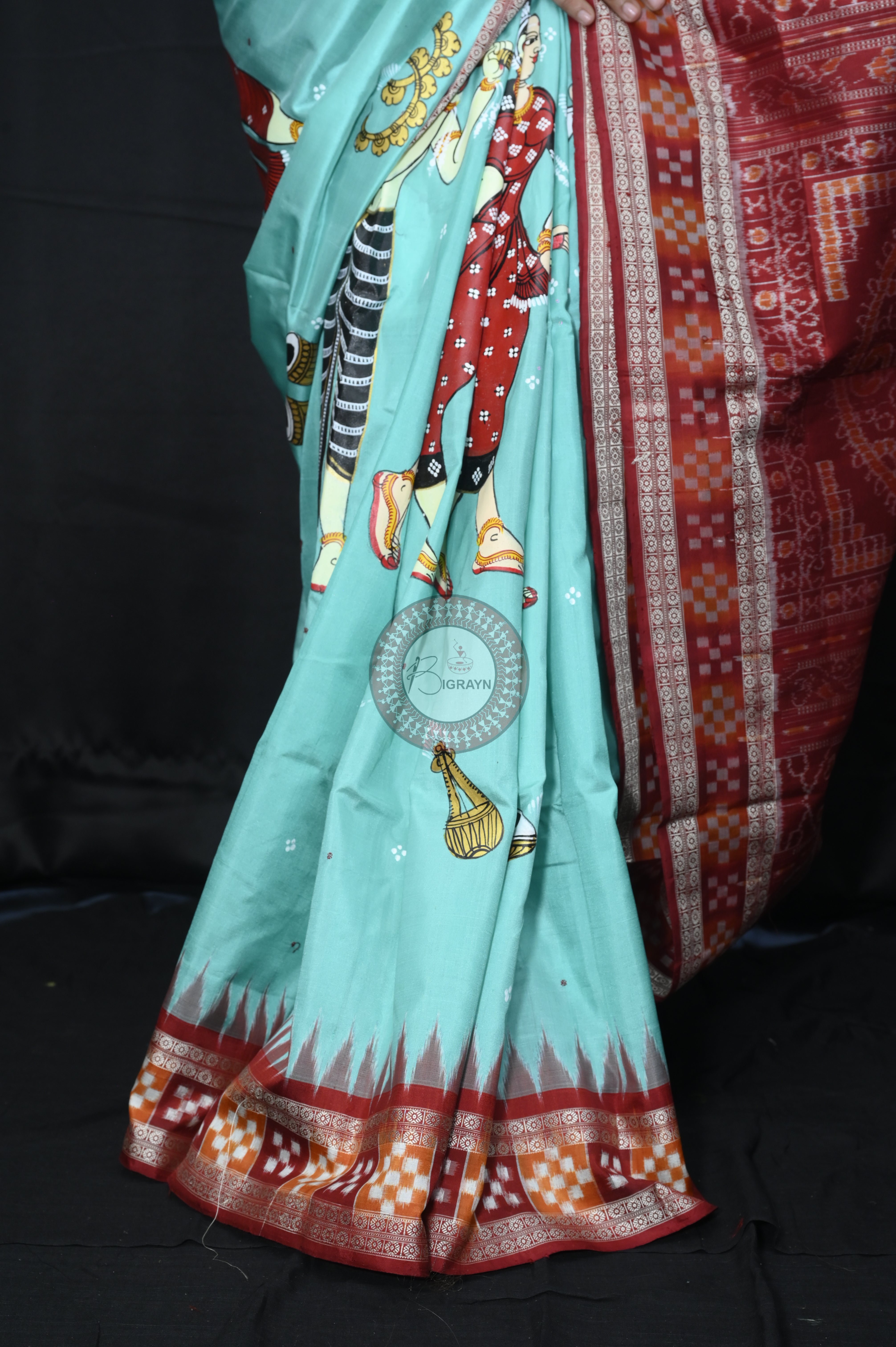 Sky Maroon Full Body Dancer Theme Pattachitra Sambalpuri Sakta Border Silk Saree