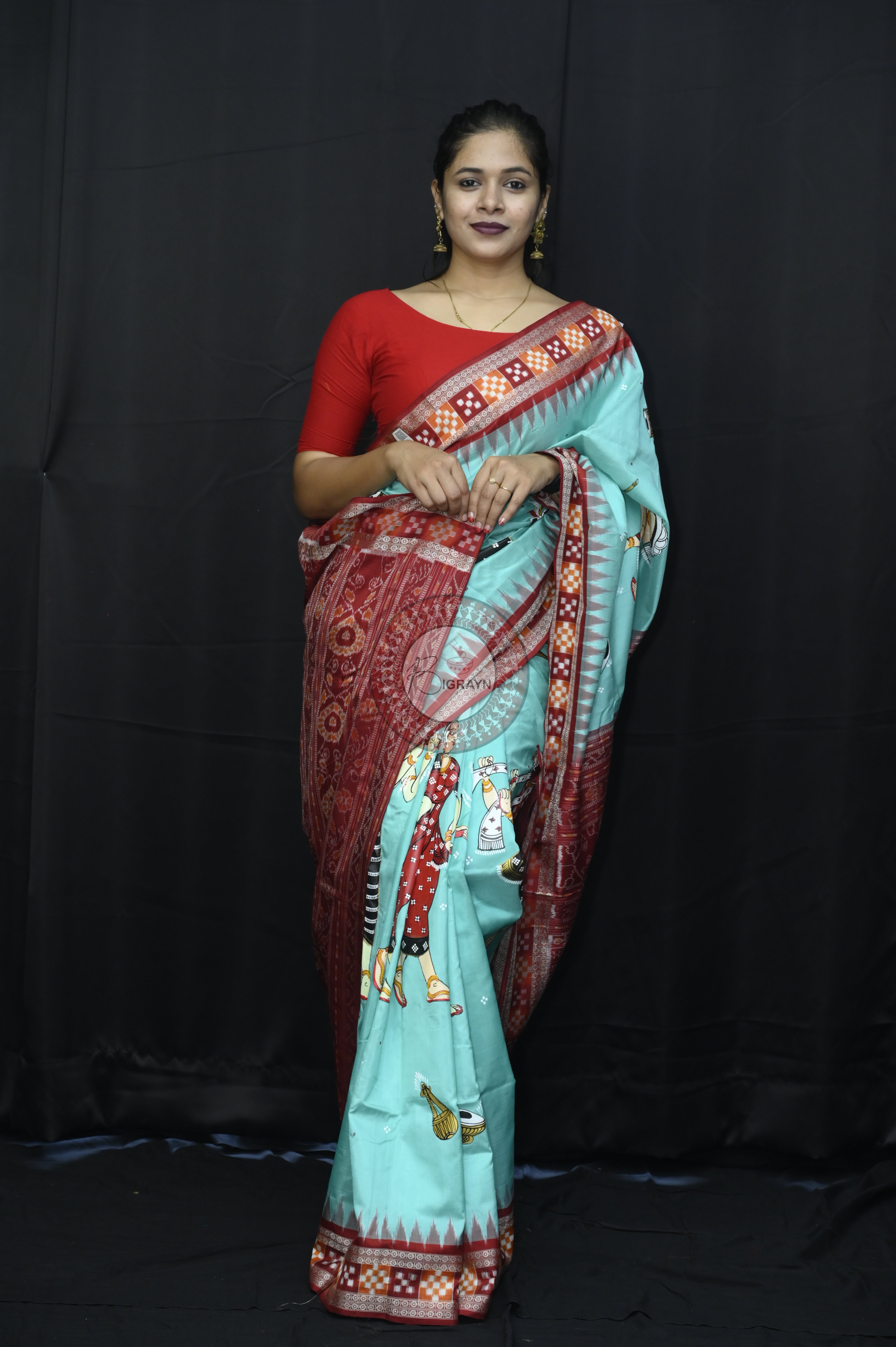 Sky Maroon Full Body Dancer Theme Pattachitra Sambalpuri Sakta Border Silk Saree